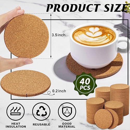 Miniatura 2 de Posavasos de corcho para bebidas, 40 posavasos reutilizables de borde redondo a granel, 3.5 pulgadas de grosor, absorbentes, resistentes al calor,