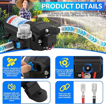 RV Water Pump 12V DC, 4.5GPM 45PSI, Self-Priming Diaphragm Pump with Heavy Duty Pressure Switch and Strainer for RV, Marine, Yacht, Caravan, Agricultural Irrigation
