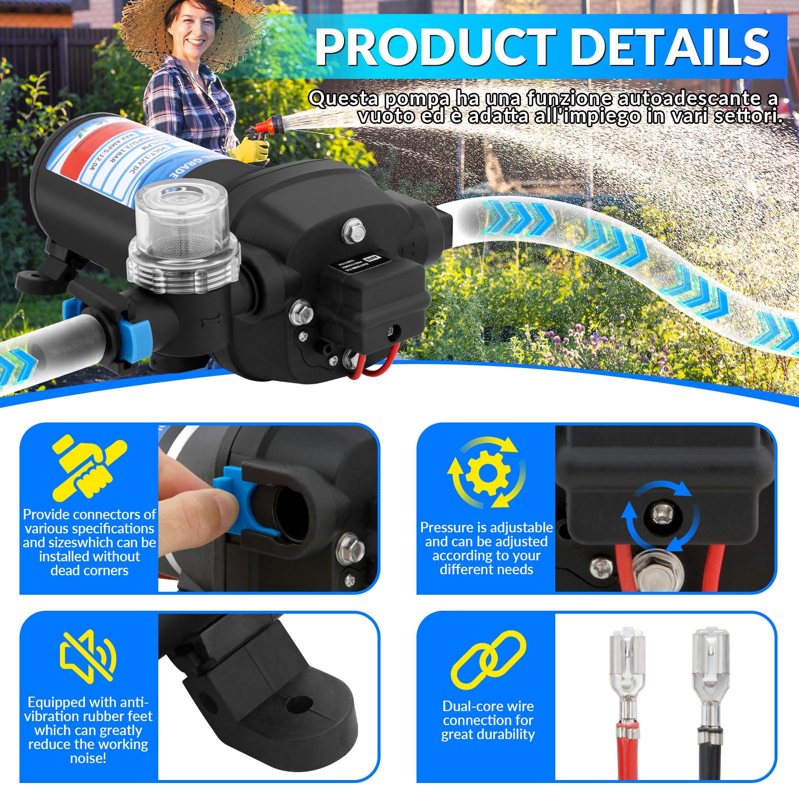 Bomba de Membrana Autocebante12V, 45 PSI, 17 L/min, Bomba de presión de agua Autocebante con Interruptor de Presión, Bomba de Agua Automática con Filtro Rápido, para Riego de Jardín, Caravanas, Barcos