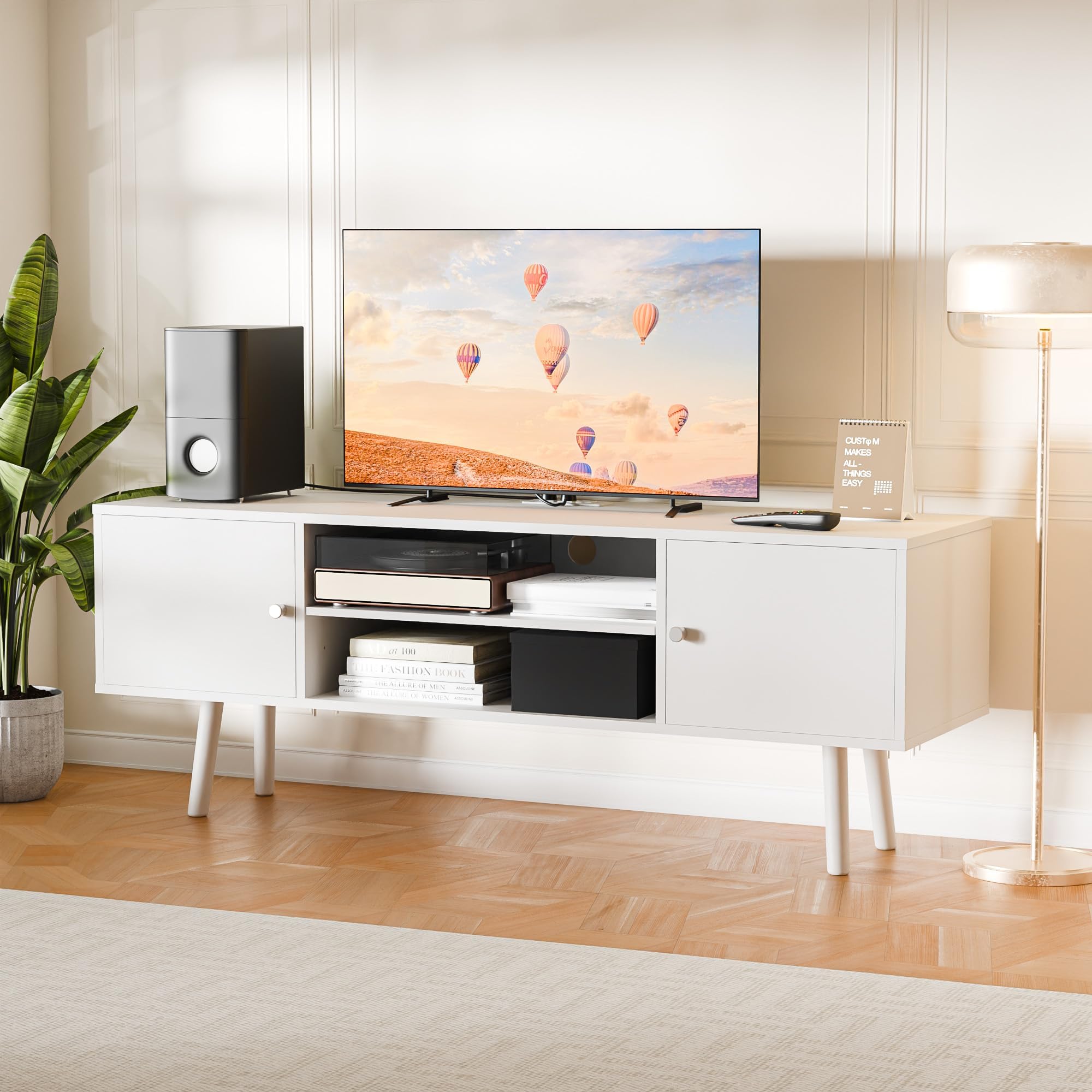 TV Schrank, Lowboard, mit 2 Türen, 135 cm lang, Fernsehtisch für bis zu 55 Zol,verstellbare Ablagen, Fernsehschrank für Wohnzimmer, Esszimmer, Schlafzimmer (Weiß, 135 cm)