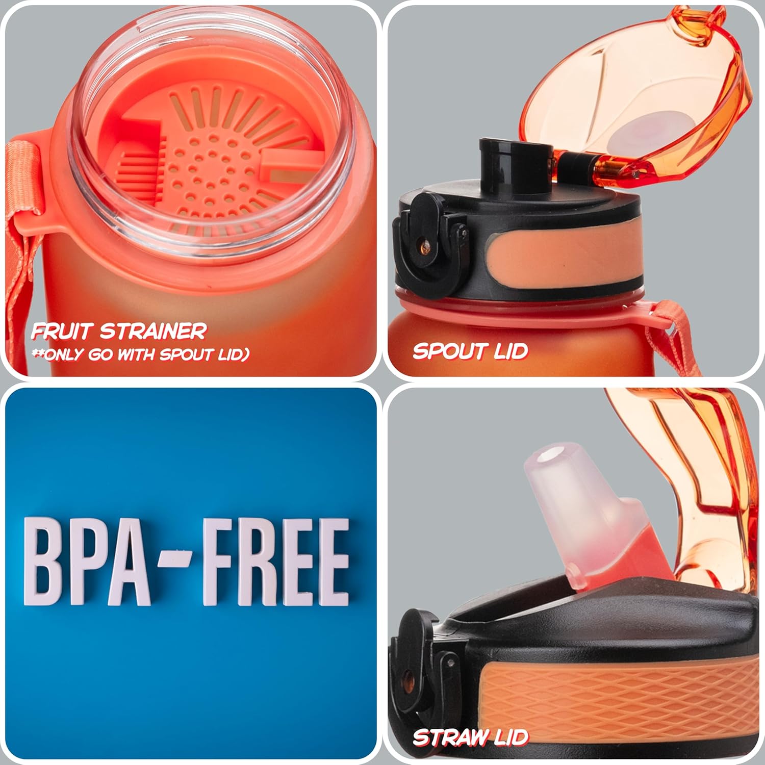 32oz Tritan Water Bottle with Time-Marked, 2 Lids (Fast Flow & Straw) - BPA/BPS Free, Leak-Proof, Airtight, Reusable Water Bottle - Perfect for Sports, Hiking (Gradient Orange/Cyan) - Image 7