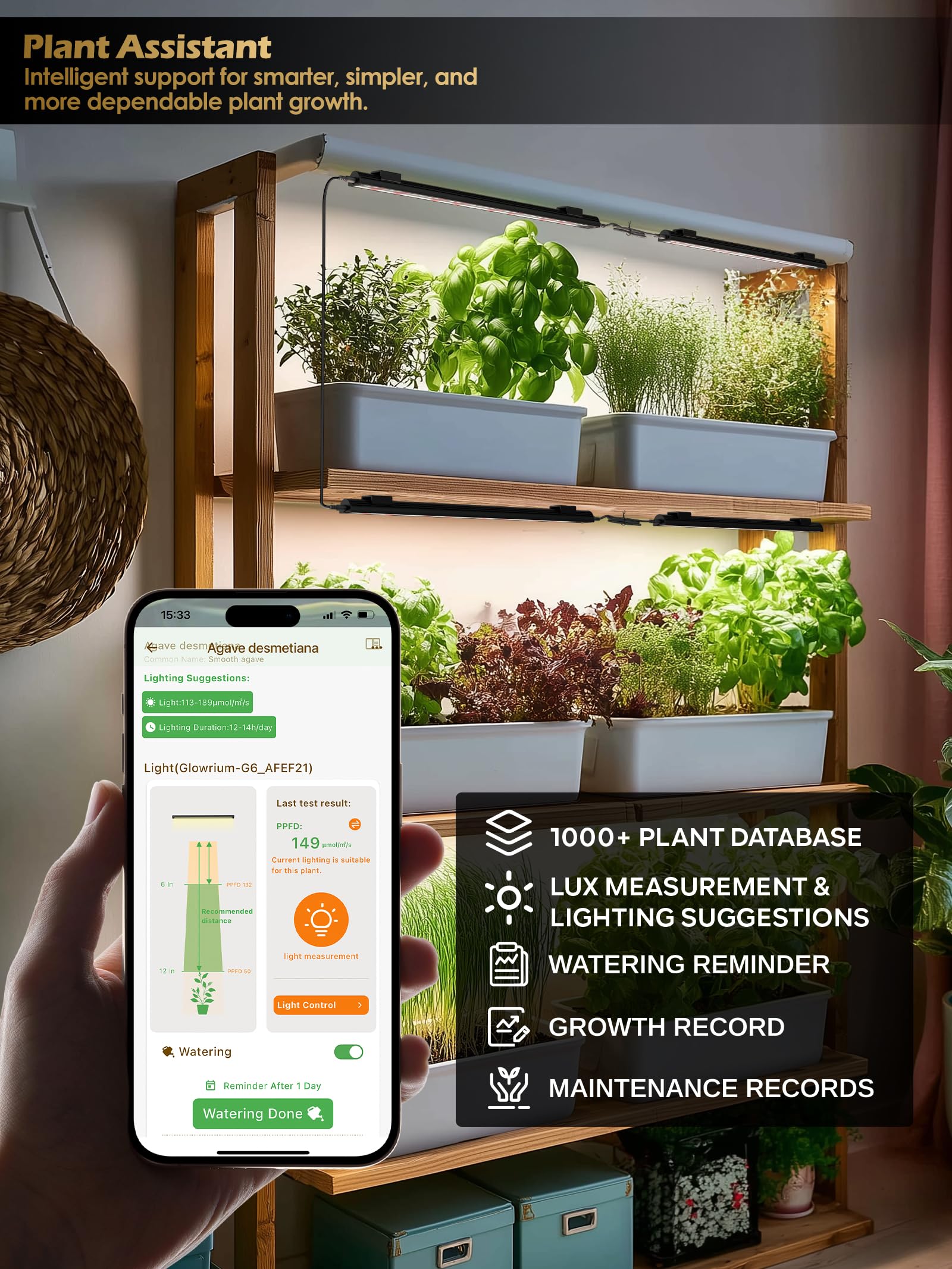 Luz de cultivo inteligente para plantas de interior, tiras de luz LED de espectro completo de 3500 K con temporizador automático de 3/9/12 H, atenuación continua, diseño modular, Plug and Play (negro