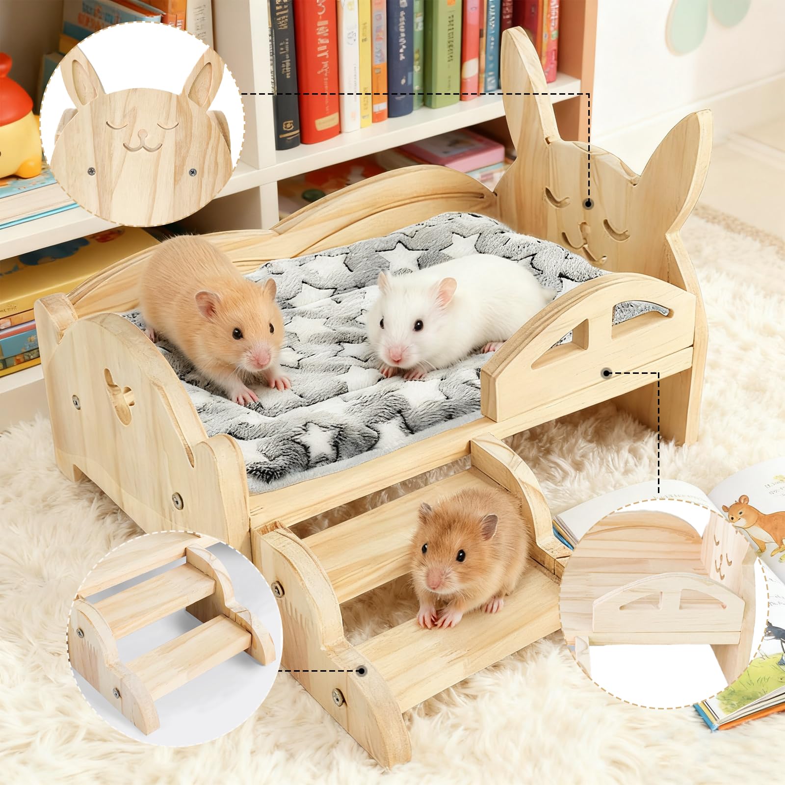 Letto per Porcellini D'India, 34 x 22 x 7 cm Letto in Legno per Piccoli Animali con Materasso Rimovibile e Scale Larghe 15,5 cm per Porcellini D'India Criceti Coniglio Furetti Ricci