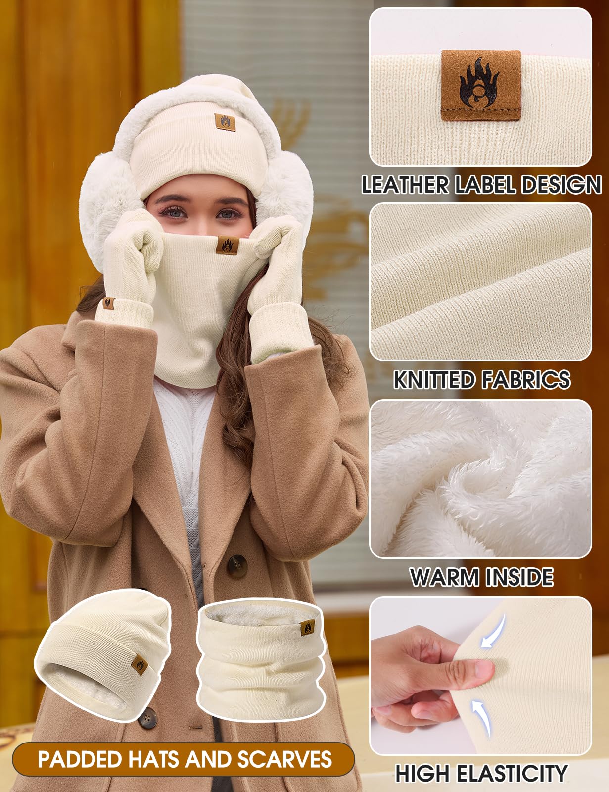 5pcs Ensemble Hiver Femme 5 en 1 Bonnet Echarpe Gant Tricoté Chaud Écharpe de Doublure Polaire Gants d'écran Cache-Oreilles Chaussettes Thermiques Pour Ski Sports Extérieur