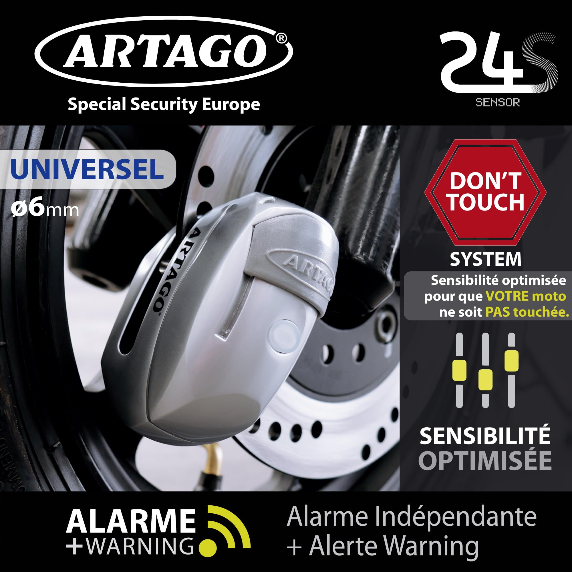 Artago 24S.6M Bloque Disque Moto Alarme 120dB Bouton ON, Fonction d'Avertissement, LED, Batterie Longue Durée, Support Optionnel, ø6mm, Bloc Frein Roue Universel Scooter, Velo, Trottinette Electrique