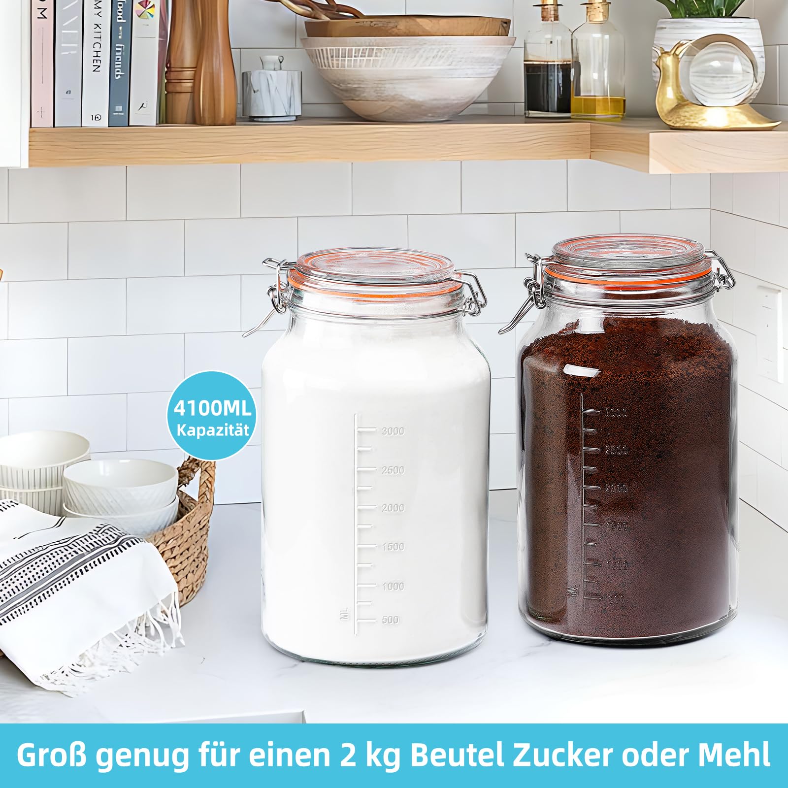Absovetu 2er Set Rund Einmachgläser mit Bügelverschluss 4 Liter - Drahtbügel-Vorratsgläser mit Deckel Luftdicht Fermentierglas für Gewürzgläser Kimchi Spaghetti Mehl Sauerteig Aufbewahrung