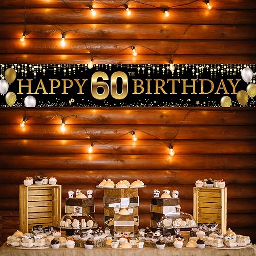 Miniatura 5 de Cartel decorativo de 60 cumpleaños para patio, decoración de feliz cumpleaños 60 para hombres y mujeres, cartel de fiesta de cumpleaños negro dorado