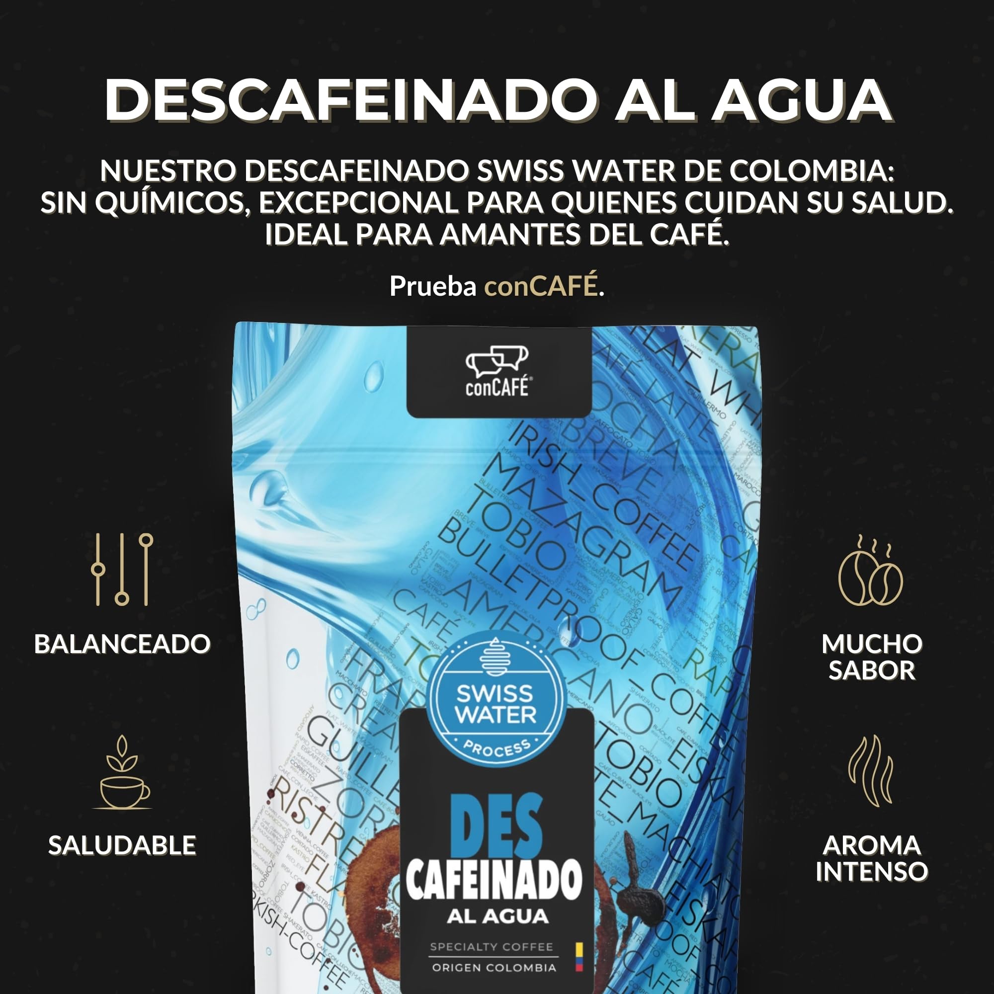 conCAFÉ - Café en grano Descafeinado al agua sin químicos y certificado por Swiss Water | Colombia | 100% Arábica | Specialty Coffee +80 puntos | Tueste Natural y Artesanal | Paquete 500g
