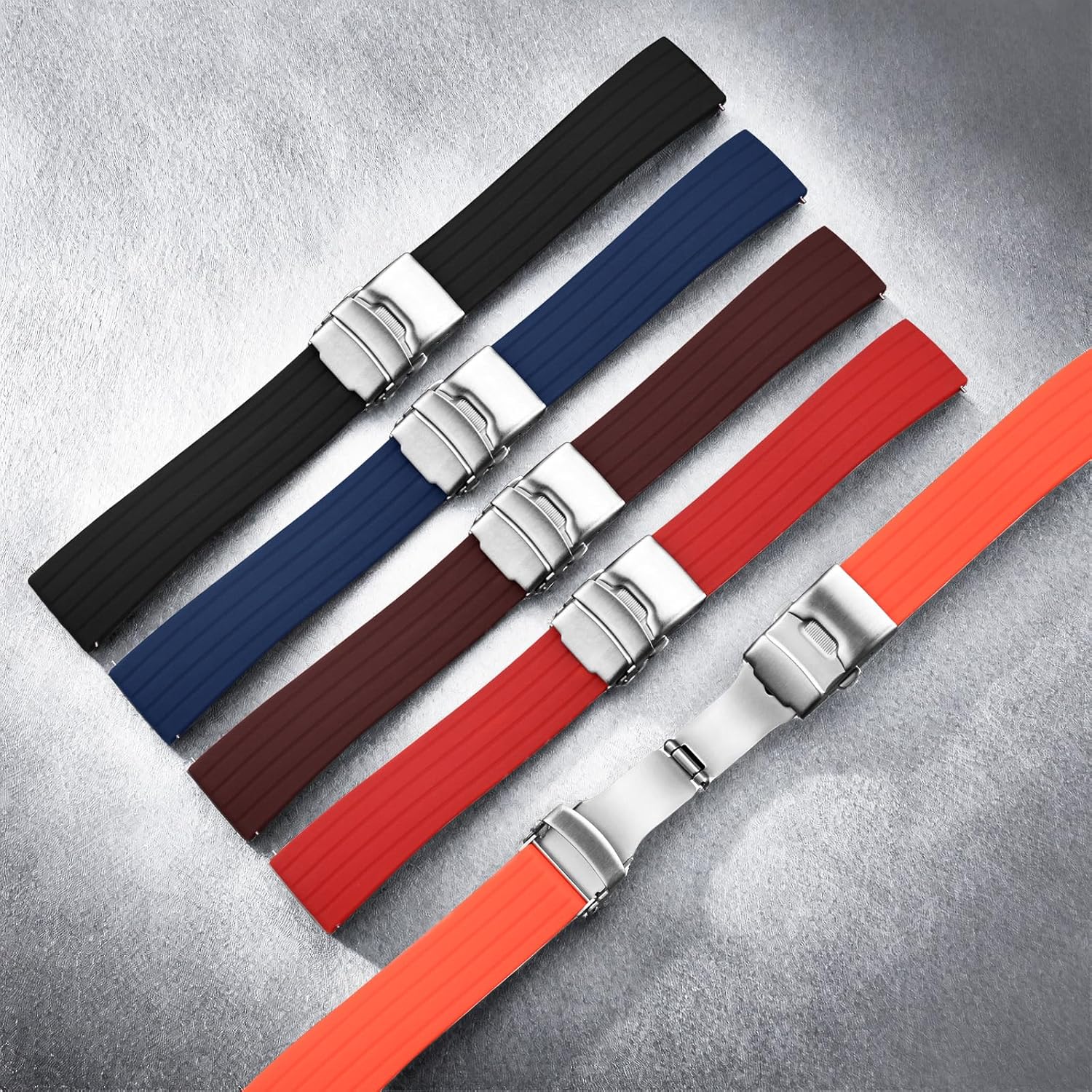 ULLCHRO Silicone Watch Strap Replacement Rubber Watch Band Waterproof Stripe Pattern - 14mm, 16mm, 18mm, 20mm, 22mm, 24mm Watch Bracelet with Stainless Steel Deployment Buckle - Image 7