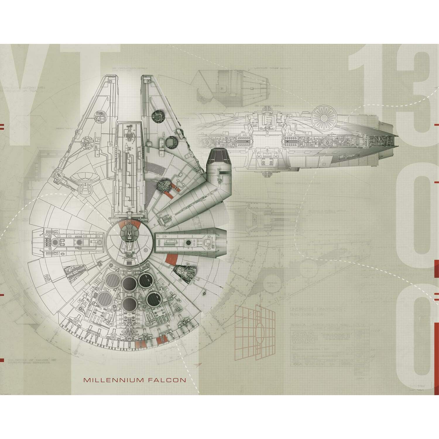 RoomMates JL1401M Prepasted 6' Ultra-Strippable Star Wars Millennium Falcon Water Activated Removable Wall Mural-7.5 x 6 ft, Beige