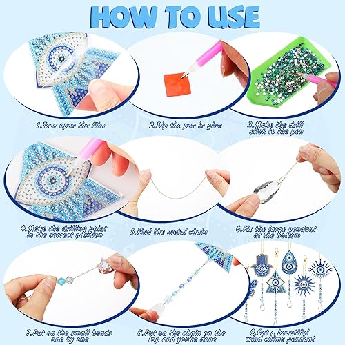 Miniatura 5 de Maitys 6 piezas 5D azul mal de ojo pintura de diamante atrapasoles pintura de diamante de doble cara carillón de viento con colgante de bola de