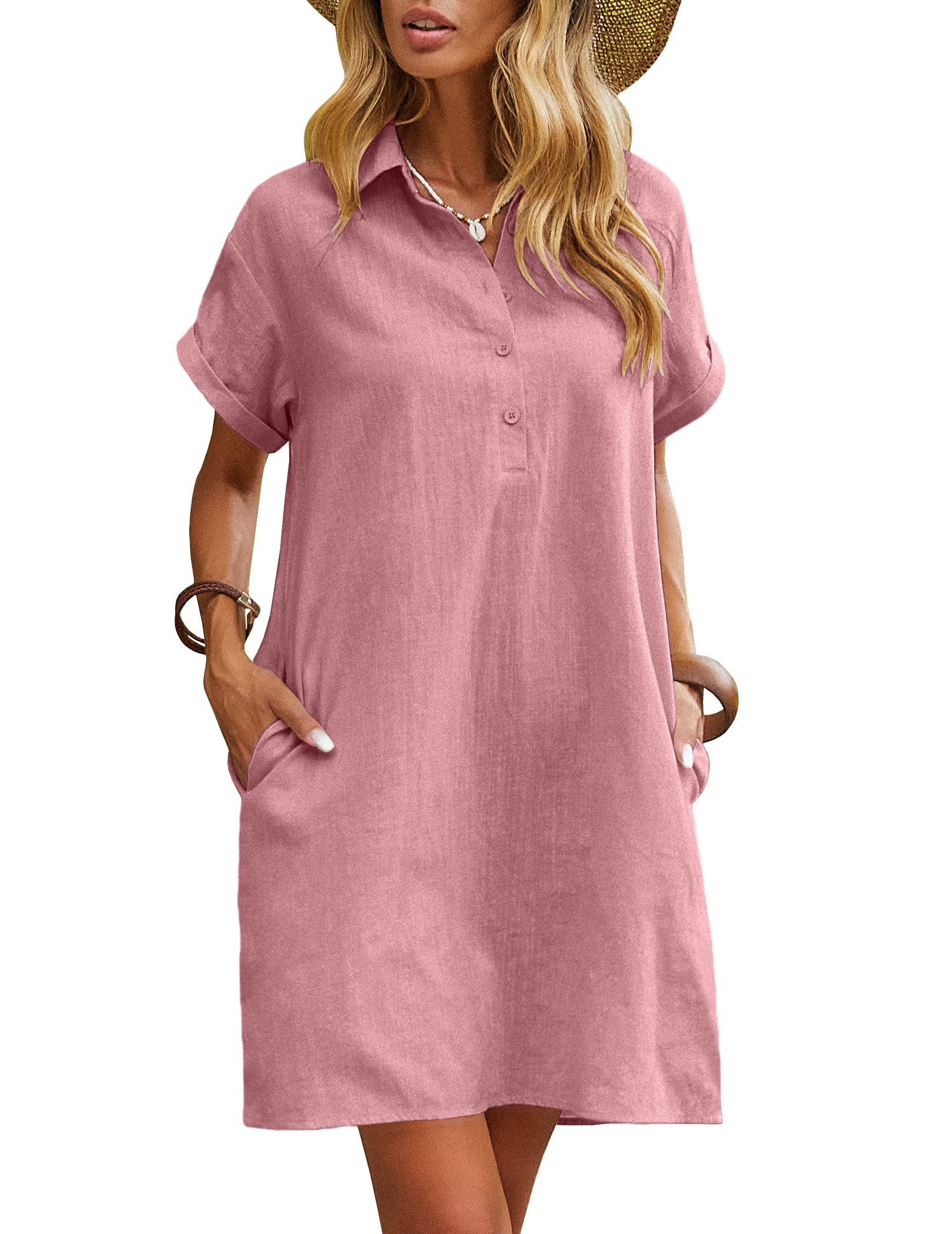 Zeagoo Sommerkleid Damen Leinen Kleider Knielang Casual Strandkleid Kurzarm Kleid Sommer Blusenkleid Freizeitkleid mit Taschen