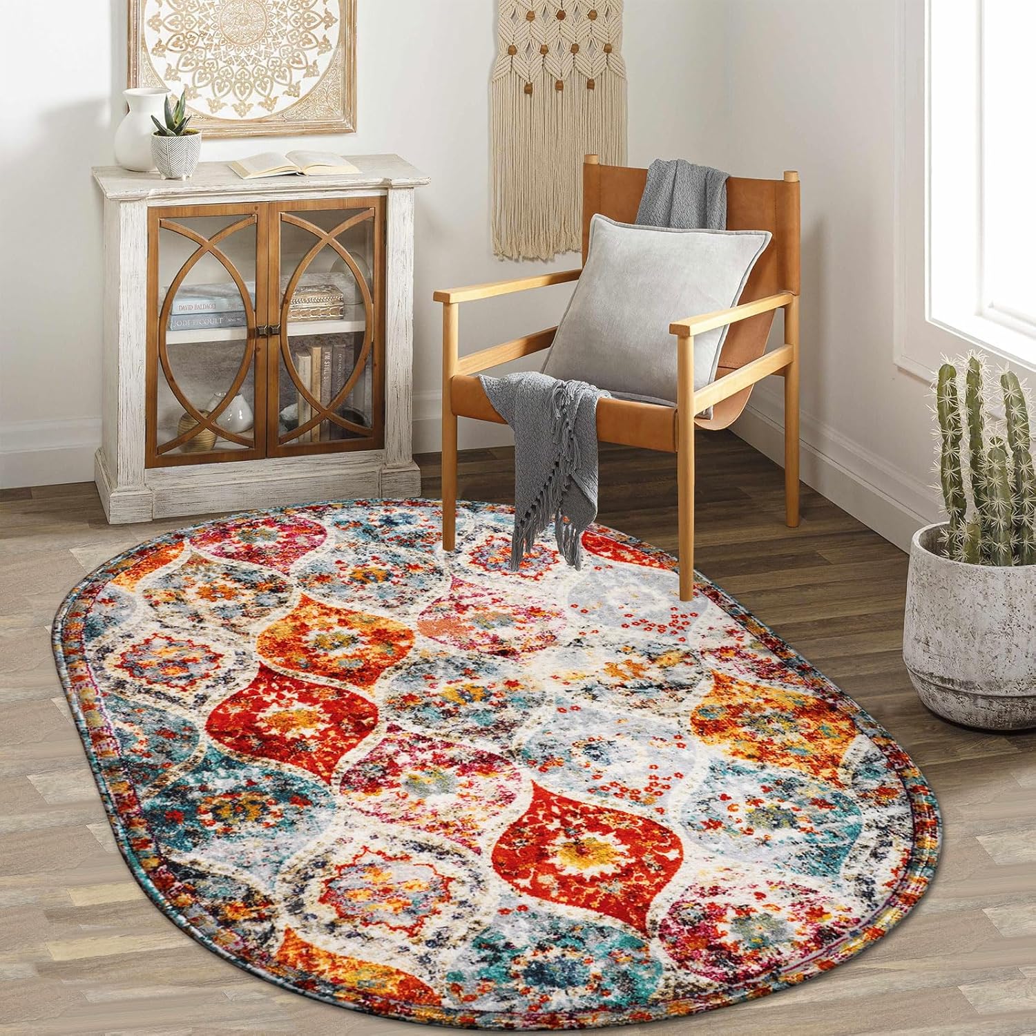 Oval Area Rug 3'x5', Washable Rug Non Slip Vintage Faux Wool Entryway Rug Boho Doormat Soft Low Pile Rug Floor Carpet Colorful Rugs for Bedroom Bathroom Kitchen Living Room Office Dorm Colorful Floral 2 3' x 5'