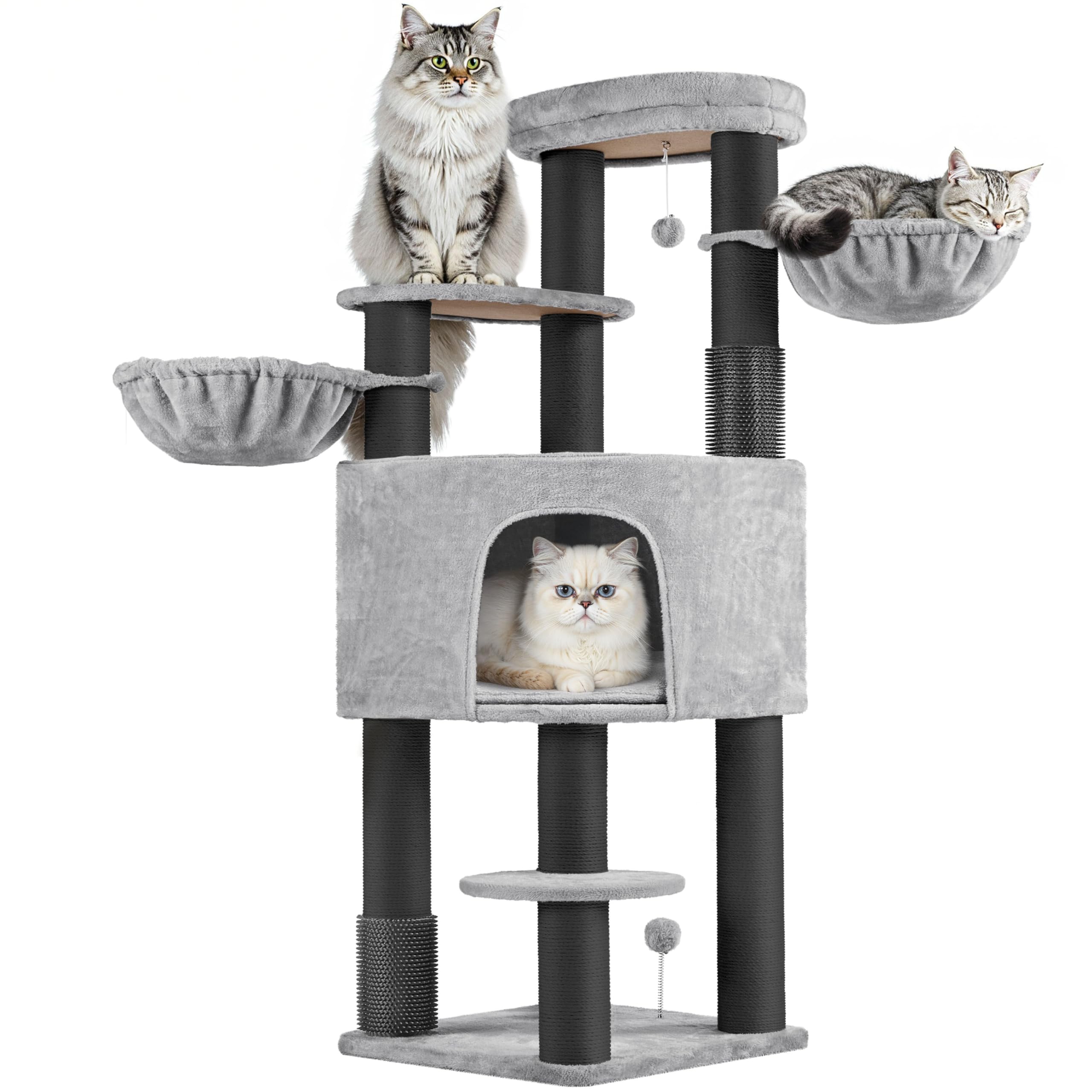 Árbol para Gatos Multinivel Torre Rascadora para Gatos con Postes Rascadores Gruesos 2 Cepillos Rodillos Percas Condominio Cestas Bola Colgante para Gatos Grandes Gris Claro/Negro