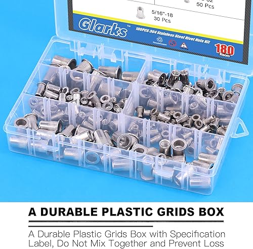 Miniatura 5 de Glarks 180 piezas #8-32#10-24 14"-20 516"-18 38"-16 UNC Kit surtido de tuercas remachables 304 de acero inoxidable cabeza plana roscado inserción
