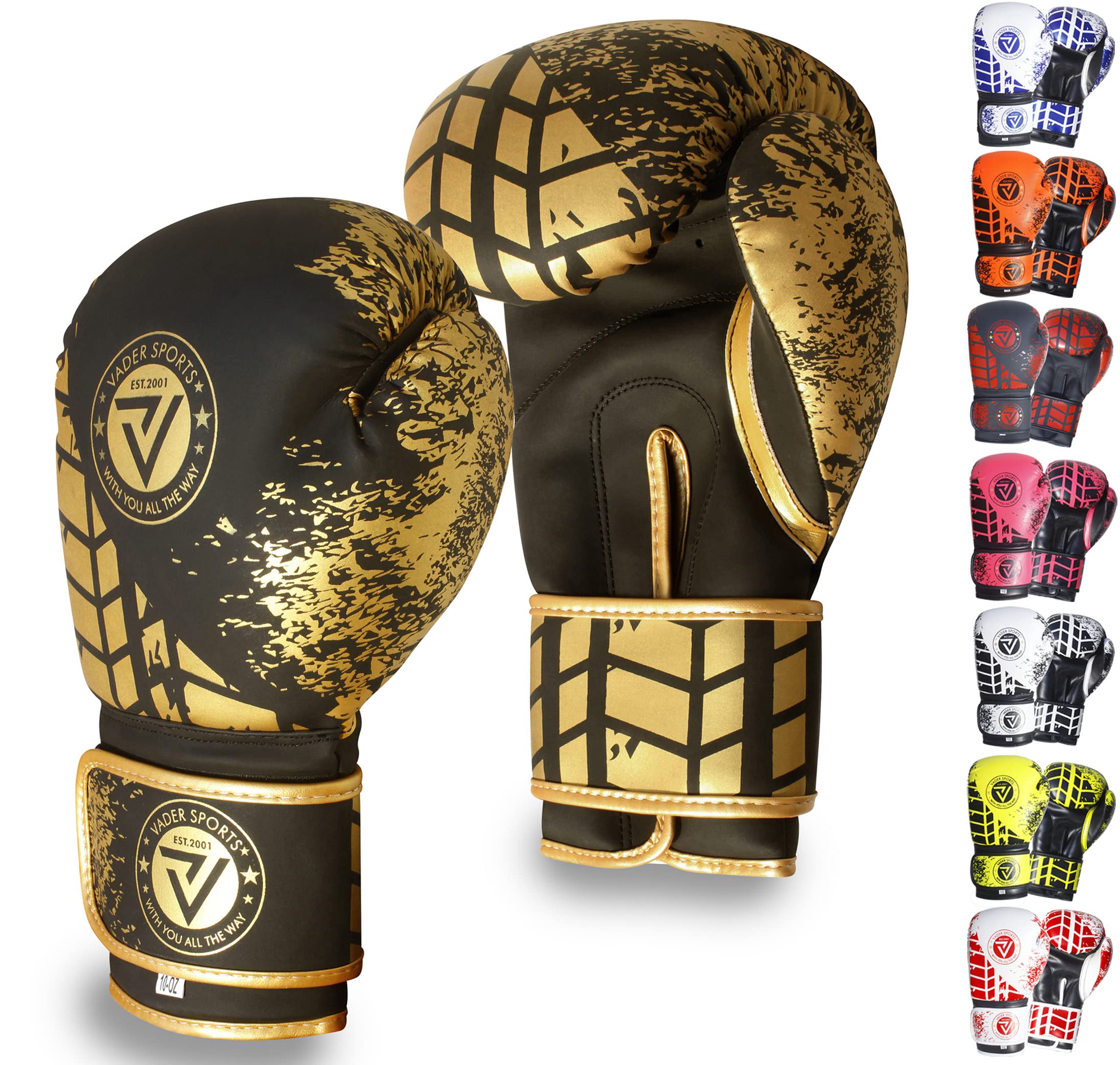 VADER Skin-Tec Leather Boxing Gloves Kids Adults- MMA Muay Thai Punching Training Sparring Gloves for Men & Women Kickboxing Punch Bag Glove 4 6 8 10 12 14 16 Oz (Gold/Black, 6 Oz)