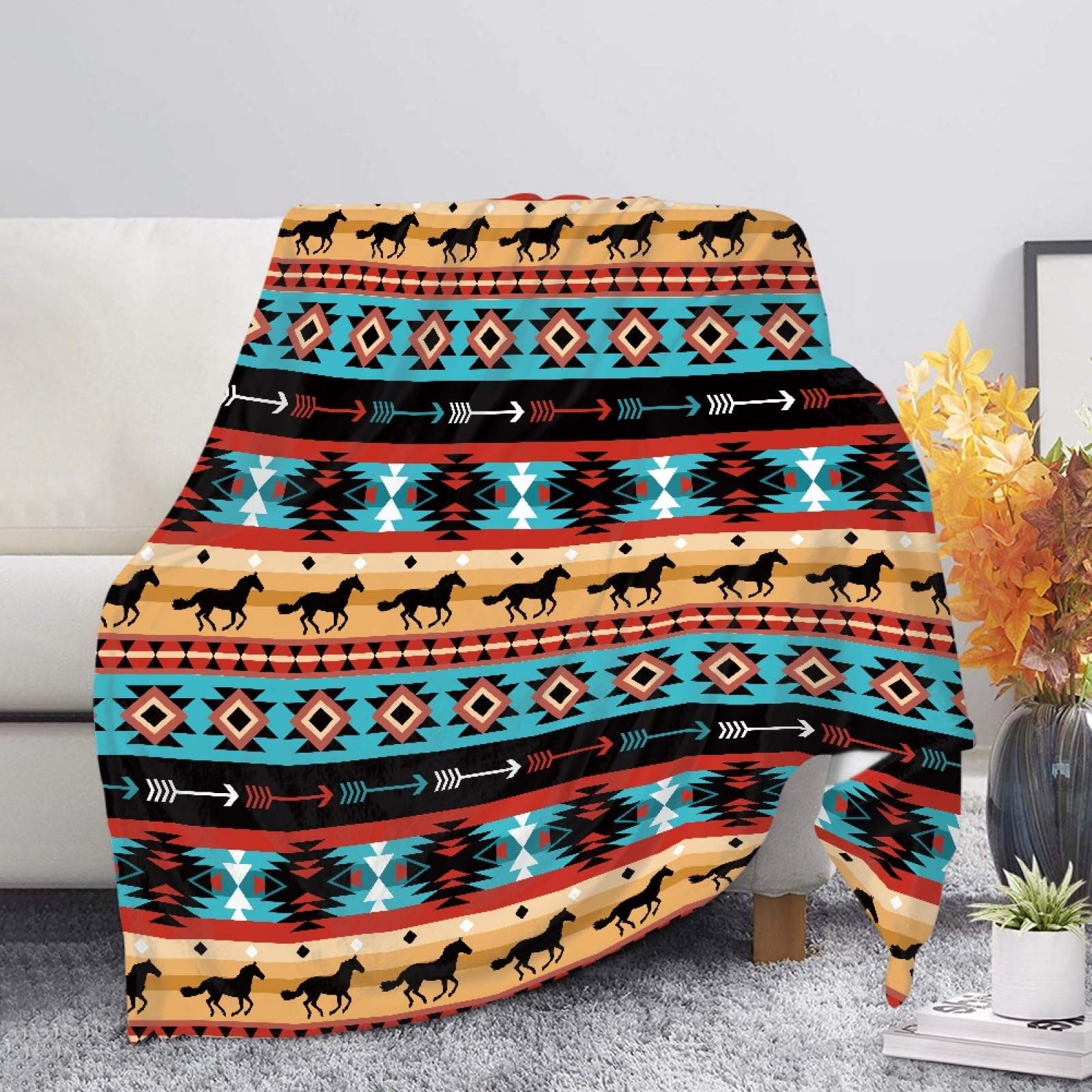 TOADDMOS Southwest Aztec Horse Print Comfy Blanket Navajo Ethnic Geometry Soft & Cozy Flannel Sofa Blankets and Throws Fuzzy Microfiber Blankets