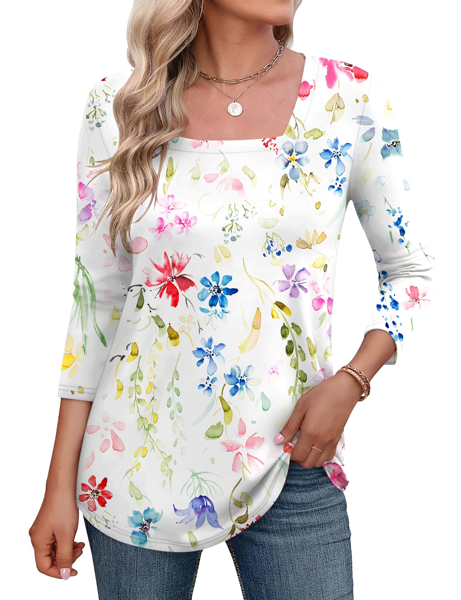 LOMON Women's 3/4 Sleeve Shirts Square Neck Summer Tops Dressy Casual Basic Tees Ladies T Shirts Blouses