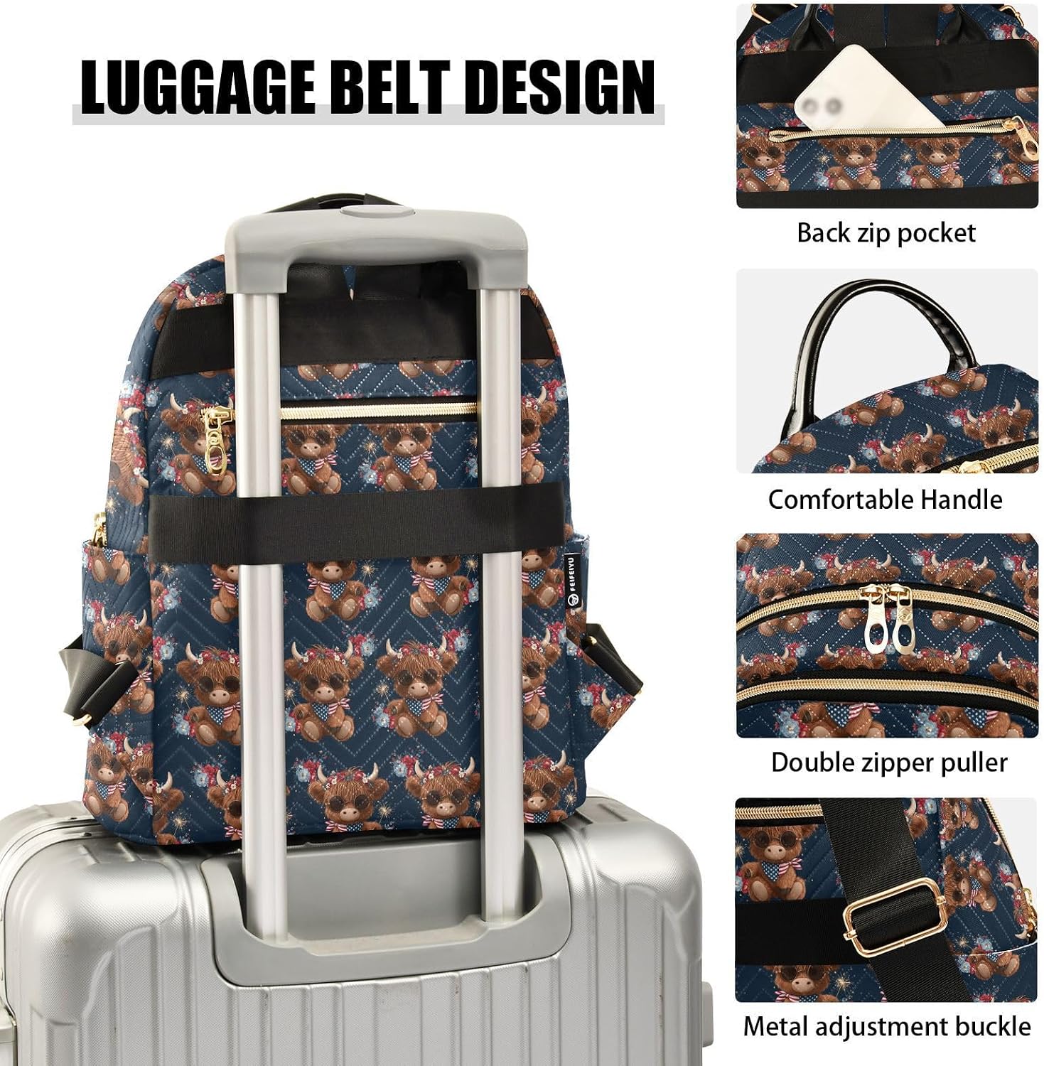 Highland Cattle Flower Banner Pattern Backpack Purse for Women Shoulder Bag Fashion Daypack Ladies Handbag Lightweight Travel Bag Rucksack