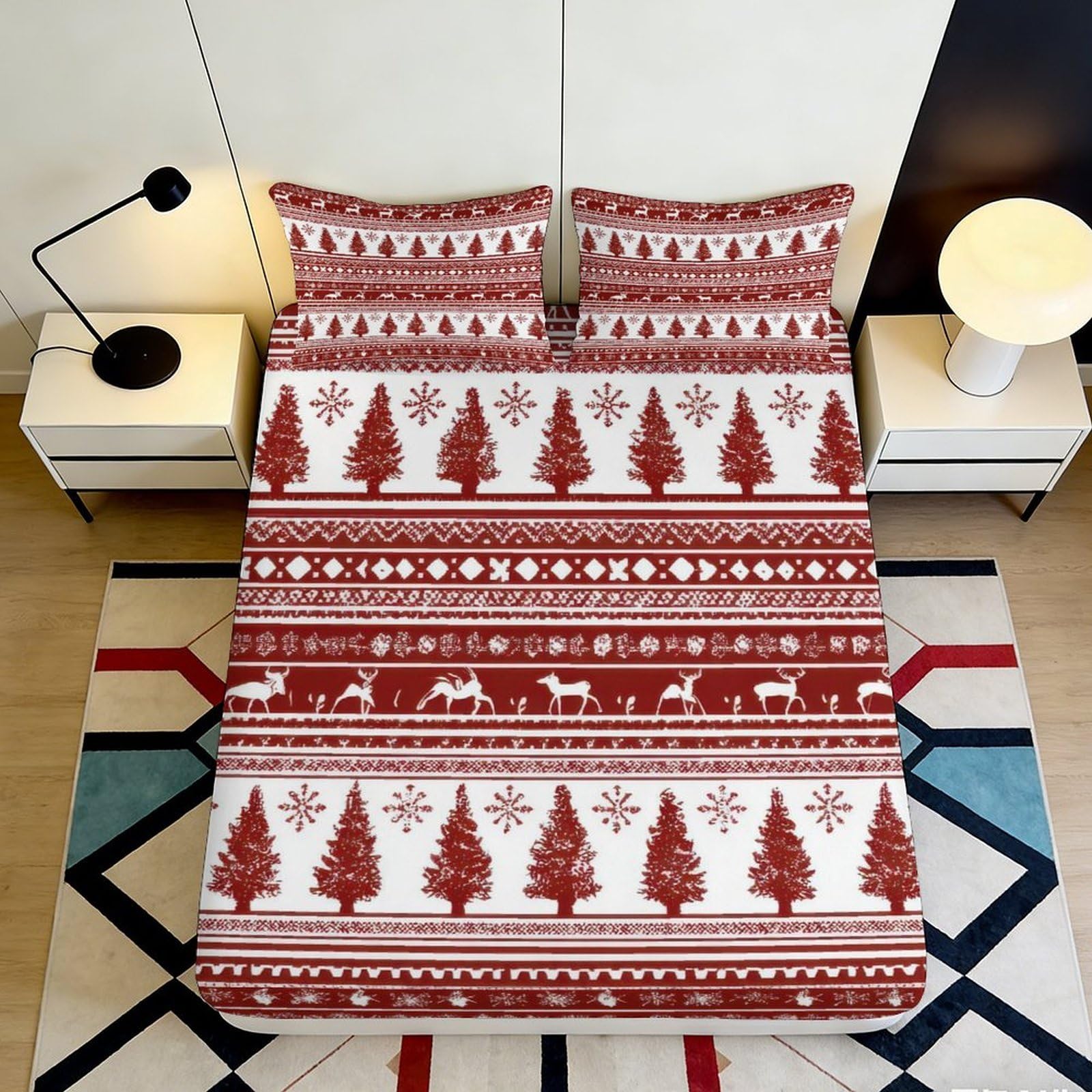 3D Printed Christmas Tree Fitted Sheet Microfiber Soft Breathable Reindeer Bed Cover for Bedroom Dormitory Guest Room Mattress Protection Decor 180x200x25cm
