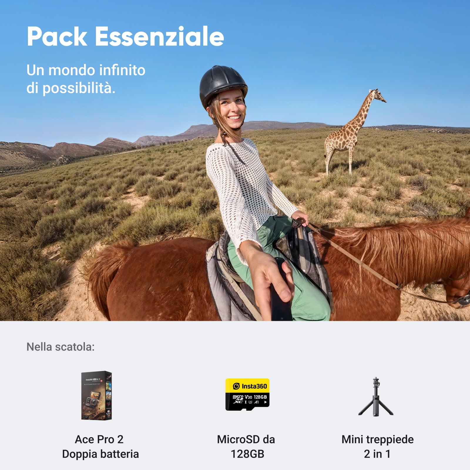Insta360 Ace Pro 2 Pack Essenziale - Action Cam Impermeabile in 8K co-ingegnerizzata con Leica, sensore 1/1.3", doppio chip IA, superba in bassa luce, audio superiore.