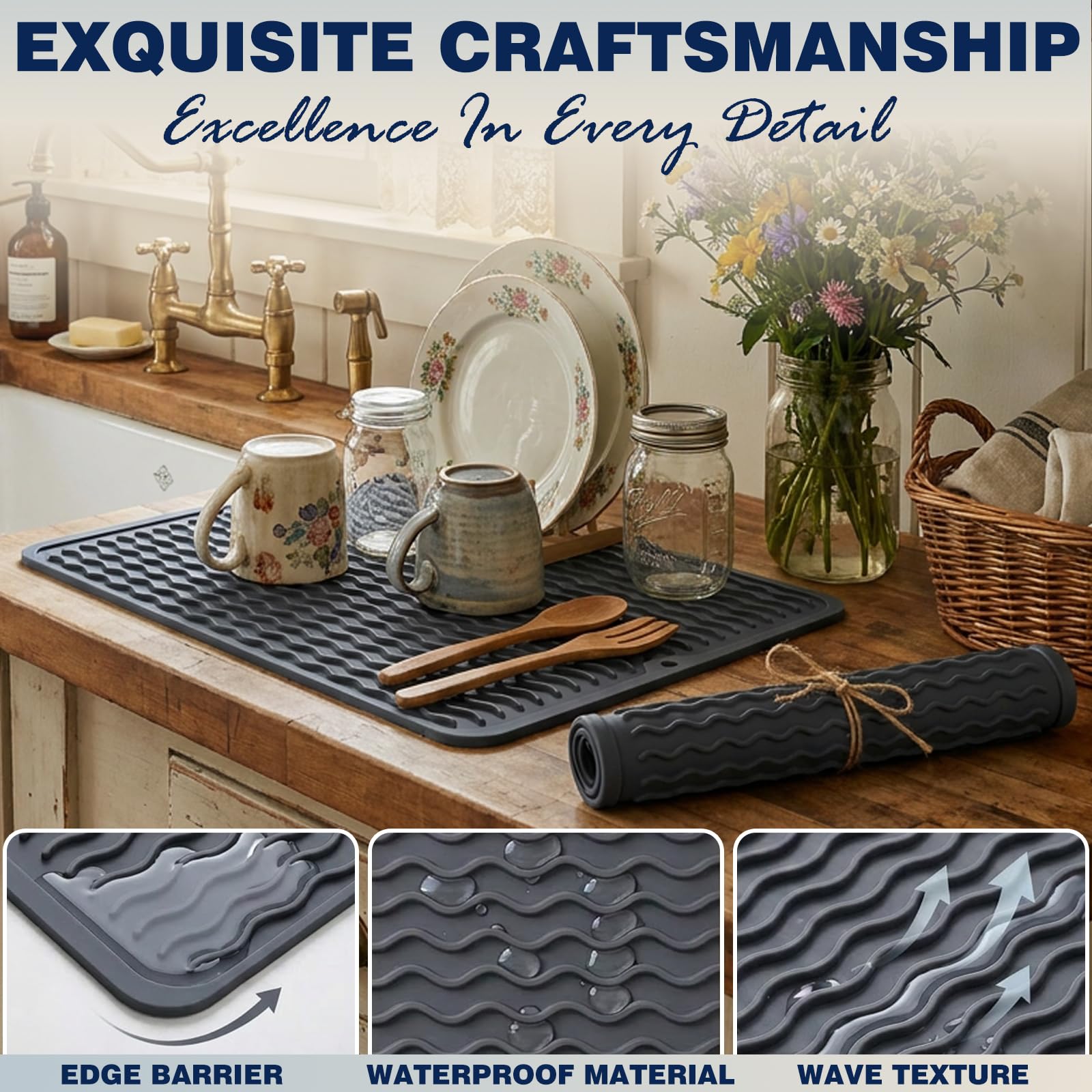 2 Pack Caketime Silicone Dish Drying Mat for Kitchen Counter Cooking Baking Coffee Bar Hot Pads Accessories Dining Home Essentials Under Sink Protector Organizers Stone Rack Trays Drain Black image 5