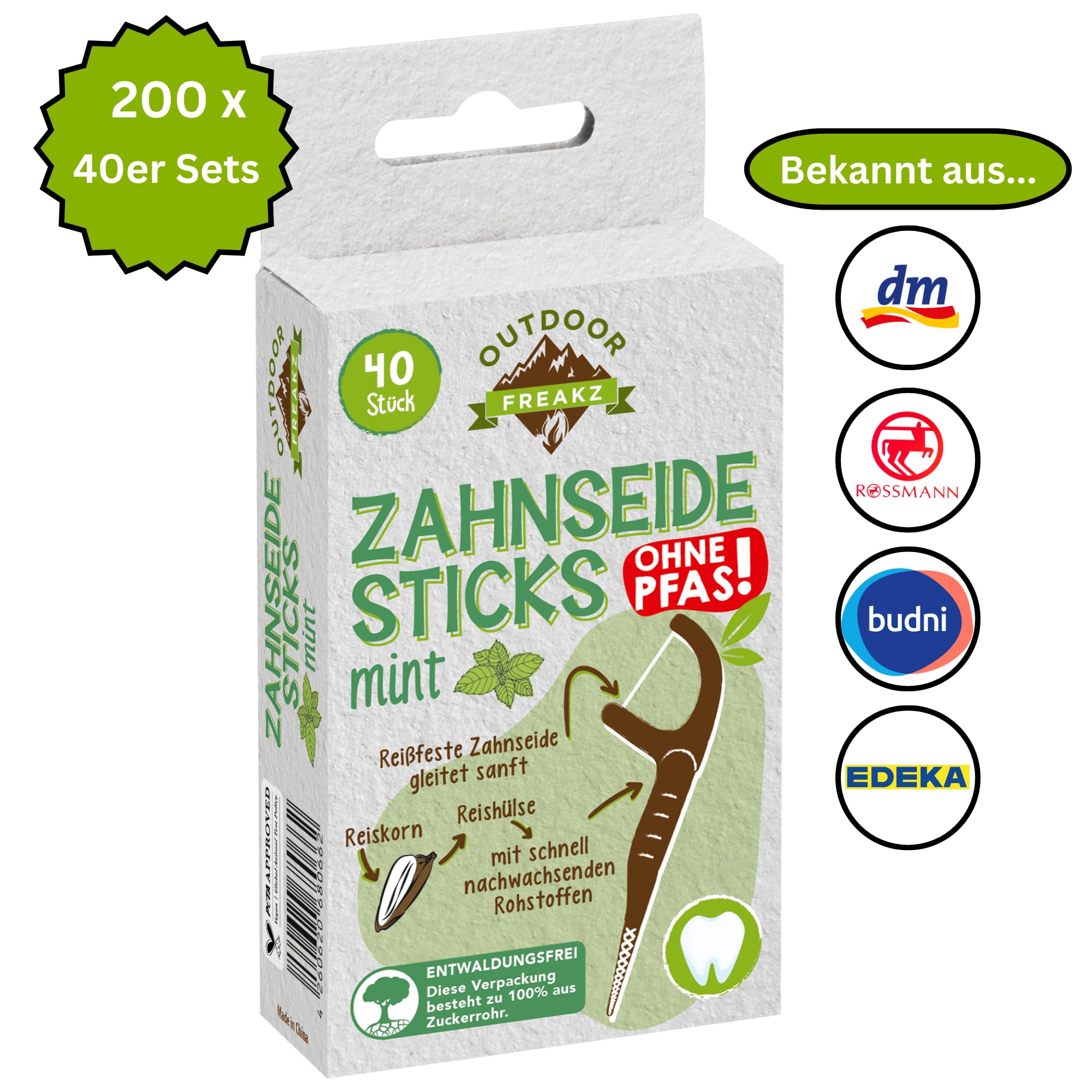 200 x Outdoor Freakz Zahnseide Sticks (jeweils 40 Stück), plastikfreie Verpackung, Sticks aus 50% Bio-Kunststoff auf Basis von Reishülsen