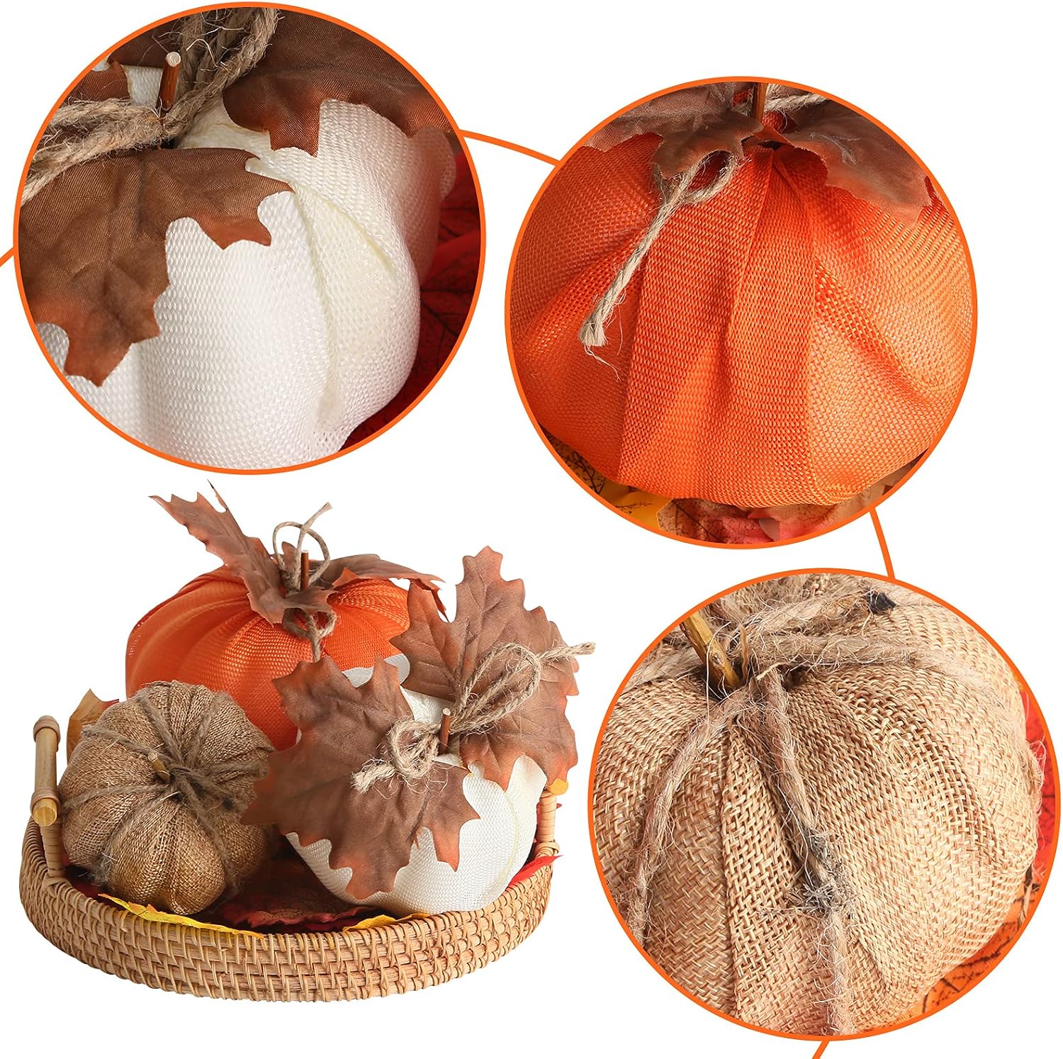 BigOtters Burlap Pumpkin, 3PCS Artificial Pumpkins Maple Leaf Pumpkins for Halloween Fall Garland Thanksgiving Table Decorations
