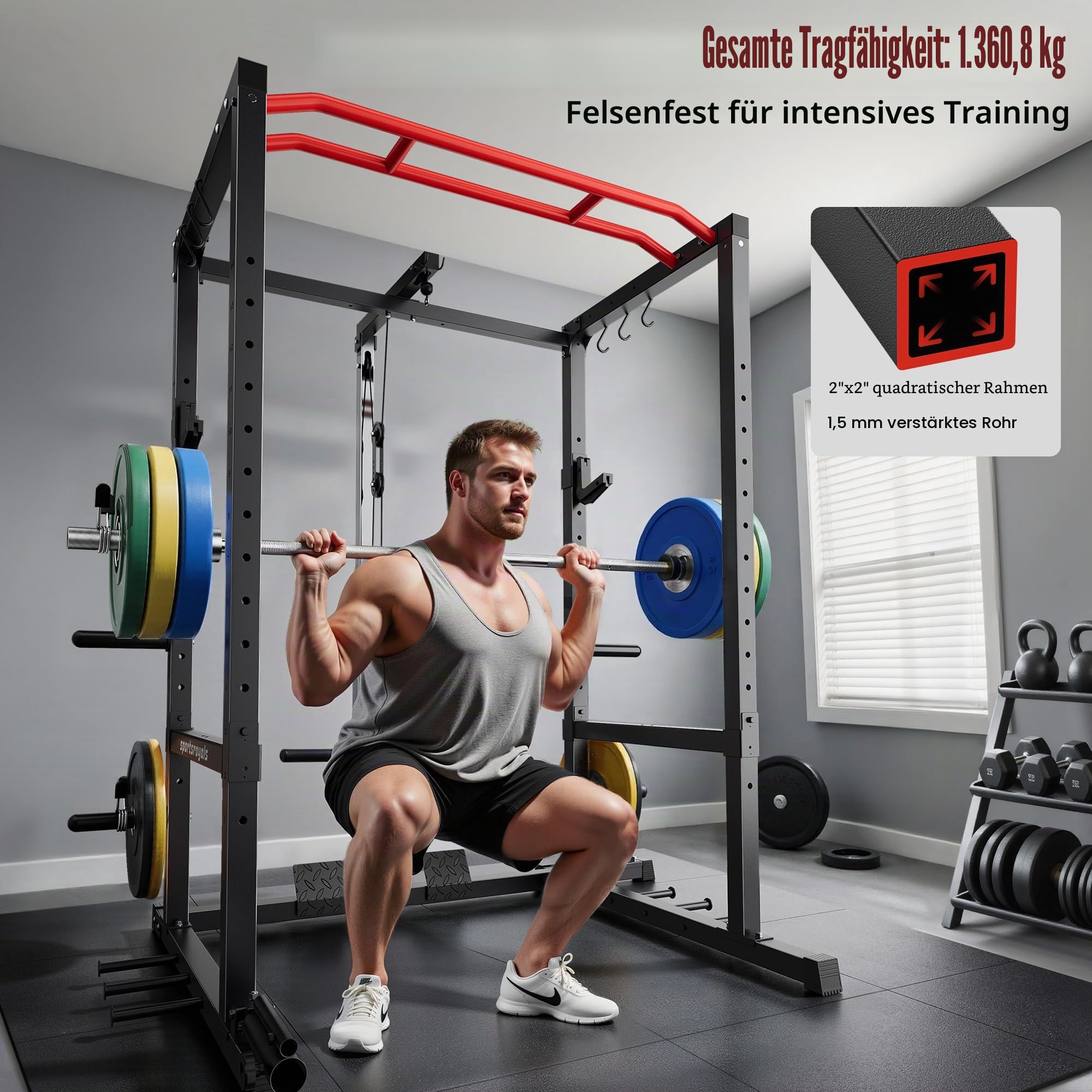 Sportsroyals Power Rack, multifunktionaler Power-Käfig mit LAT-Pulldown-Riemenscheibensystem, Kniebeugenständer mit mehr Trainingsaufsätzen für Zuhause, Fitnessstudio, 544 kg Tragkraft, Rot