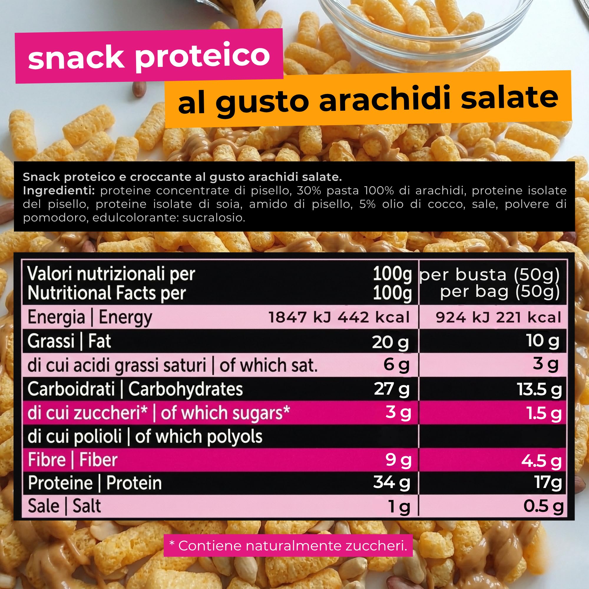 Protein Snack - Golose Patatine Proteiche con 34% di Proteine, Patatine Senza Glutine, Senza Zuccheri Aggiunti e Olio di Palma, Gusto Burro di Arachidi, Ideale per Spuntino Fit, Vegan, 6x50g