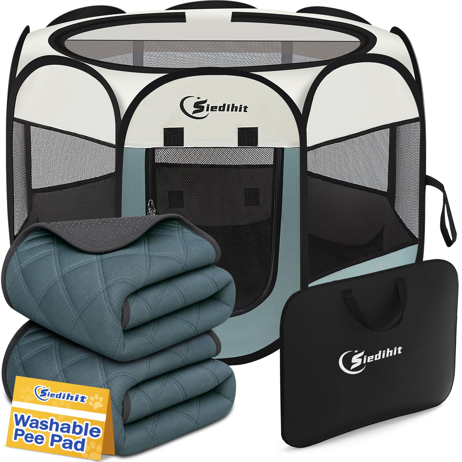 Siedihit Dog Cat Playpen Tent Crate Cage with 2 Washable Pads, Small Grey
