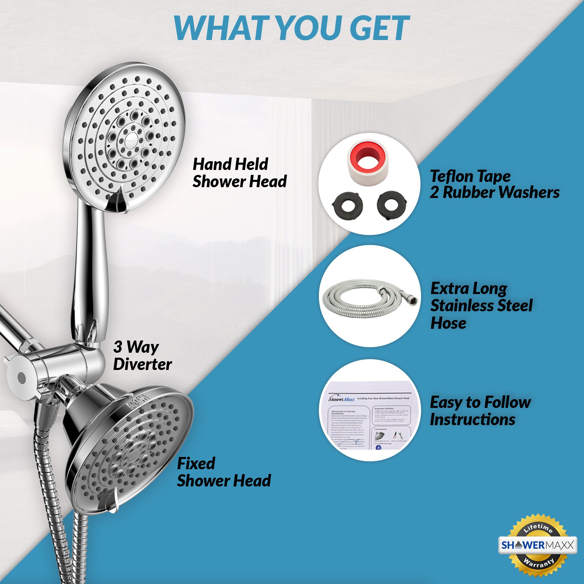 ShowerMaxx Dual Shower Head with Handheld and Fixed Showerhead High