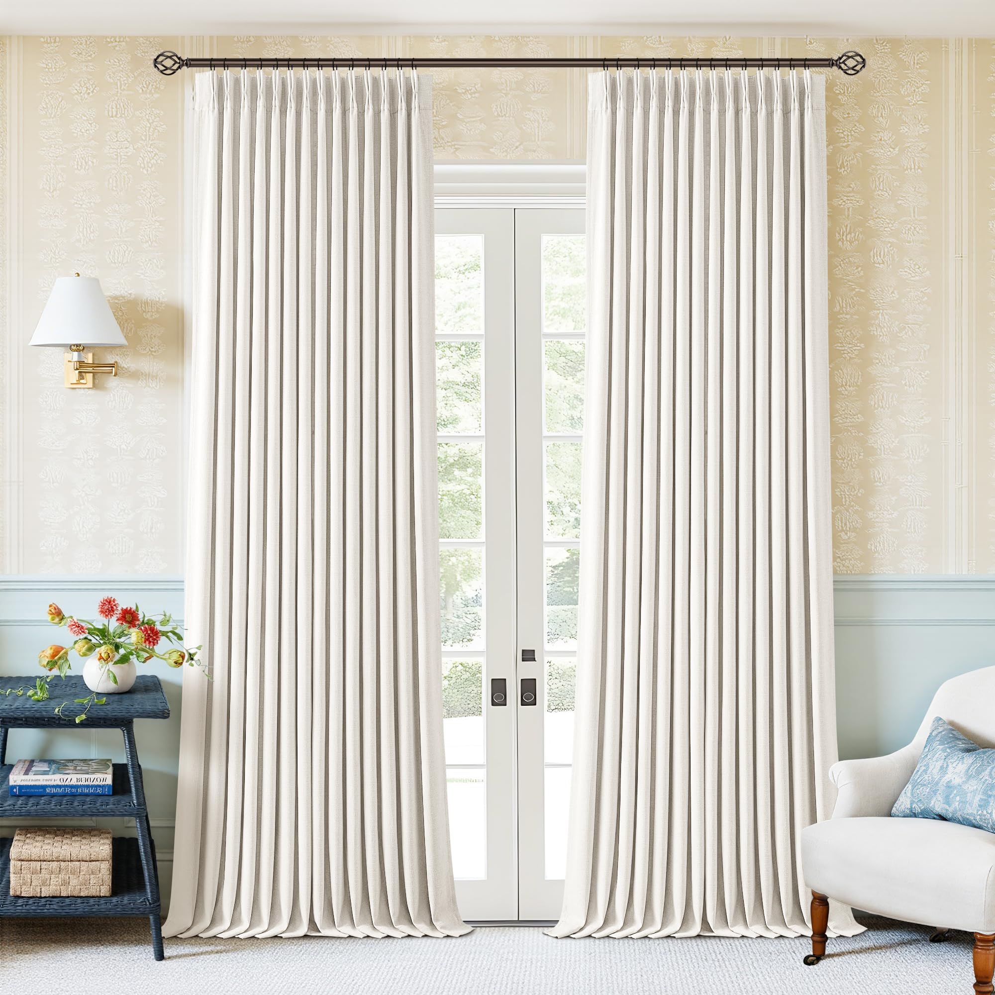 Ivory White Pleated 100% Blackout Linen Curtains 96 Inches Long 2 Panels