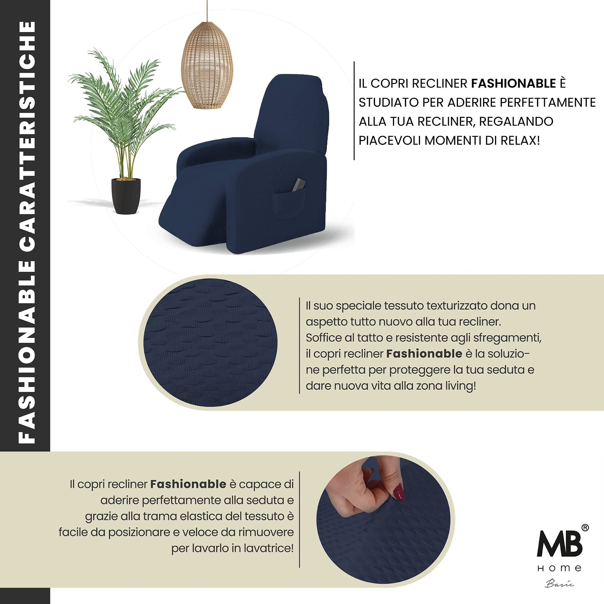 Copripoltrona reclinabile Fashionable, Blu Scuro, Taglia Unica