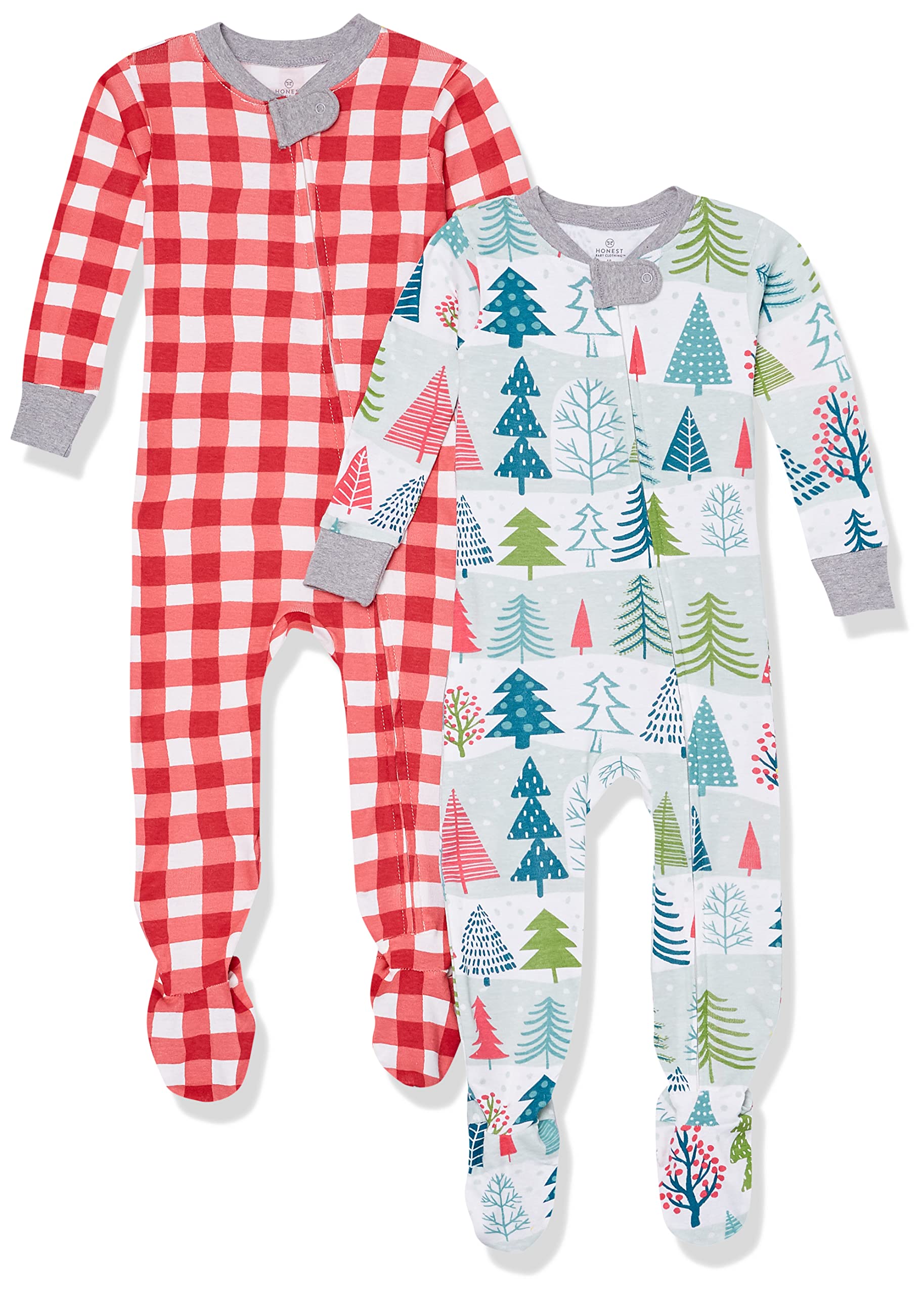 HonestBaby Non-Slip Footed Holiday Pajamas One-Piece Sleeper Zip-Front PJs Organic Cotton for Baby Boys, Girls, Unisex, Feelin' Pine, 12 Months