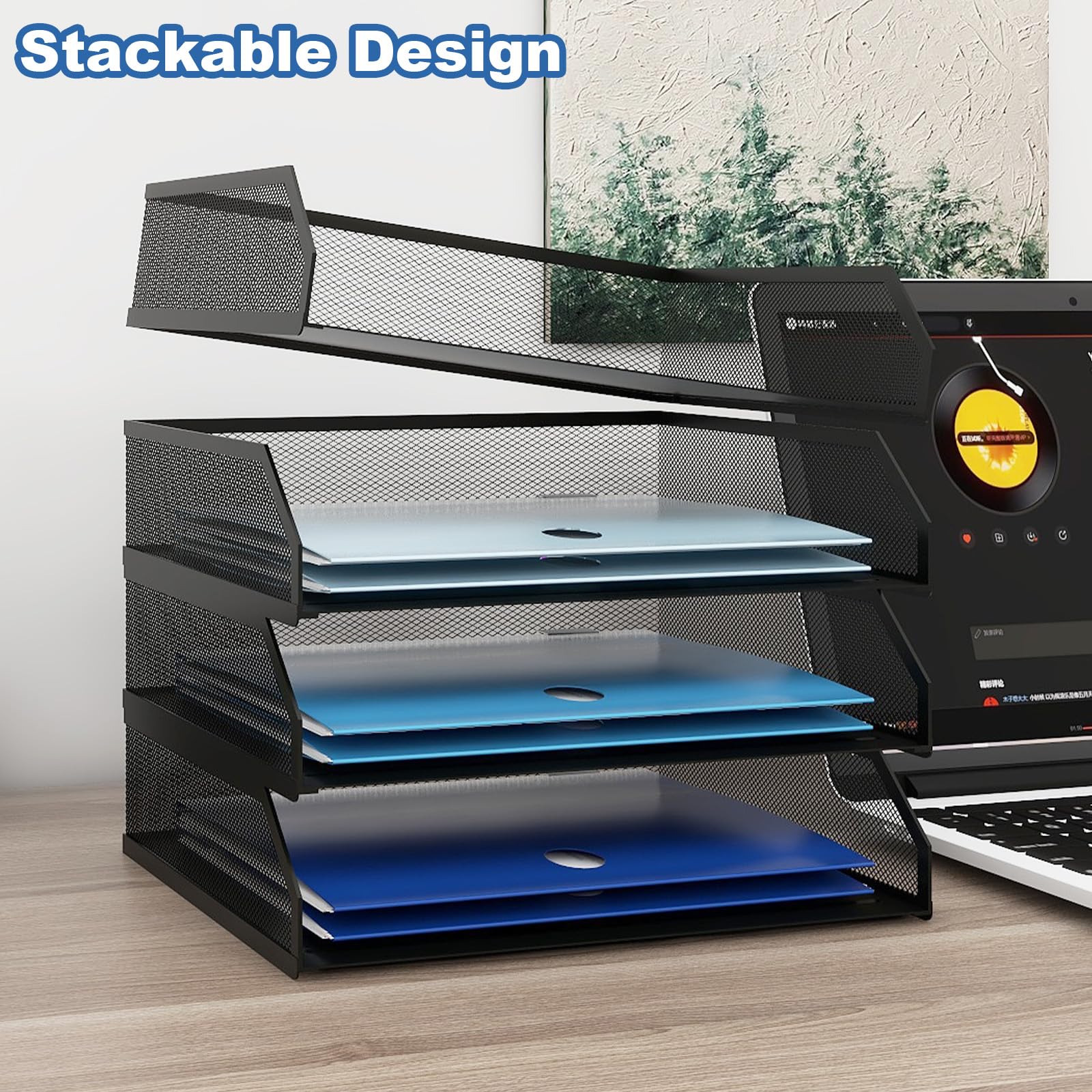 Natwind 3-Tier Letter Tray Desk Organizer, Mesh Stackable File Trays For Desk, Desktop Paper Sorter Literature Organizer Rack For Home, Office, School (Black
