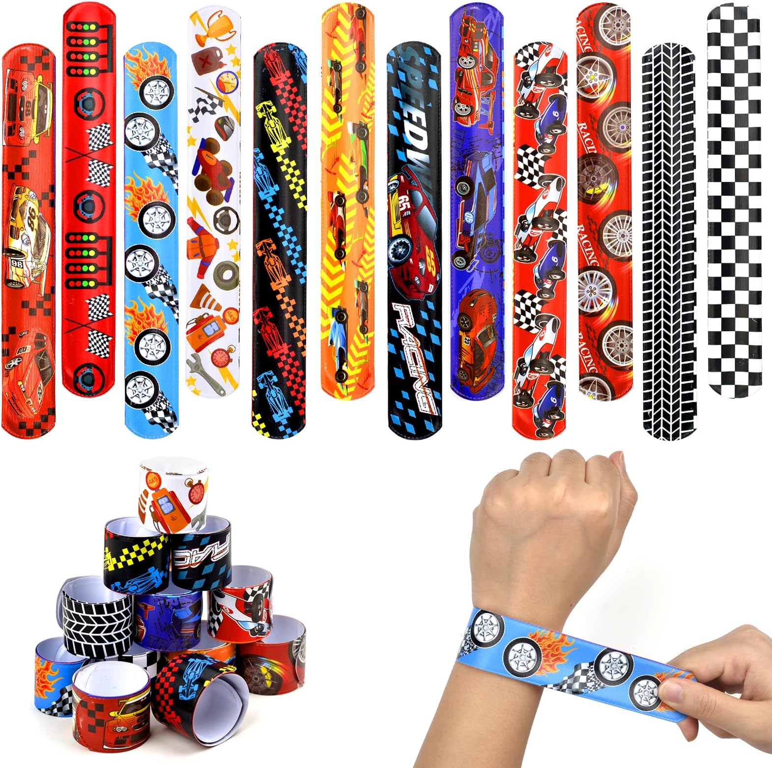 Pipihome 48 Pack Racing Slap Bracelets Racing Theme Slap Bands for Kids Racing Snap Bands Bracelets Wristbands Racing Party Supplies Gifts Toys Birthday Racing Party Bag Fillers for Boys & Girls