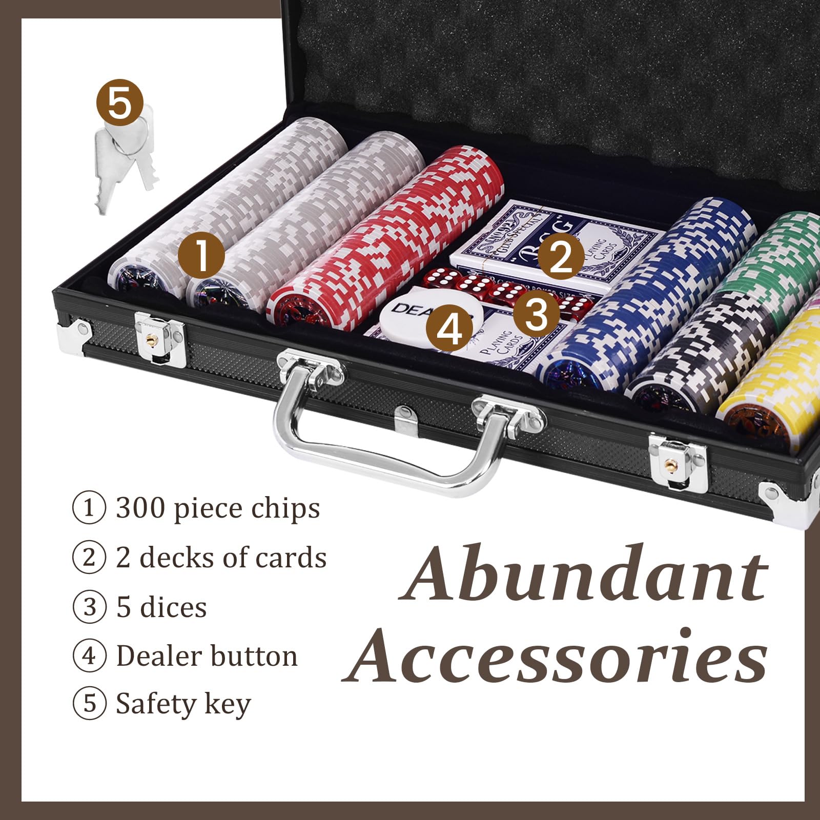 HOMASIS Set da Poker con 300 Chips, Valigetta da Poker con Serratura, Kit Poker con 2 Mazzi di Carte, 5 Dadi, 1 Bottone del Mazziere, Carte da Poker per Feste (Nero)