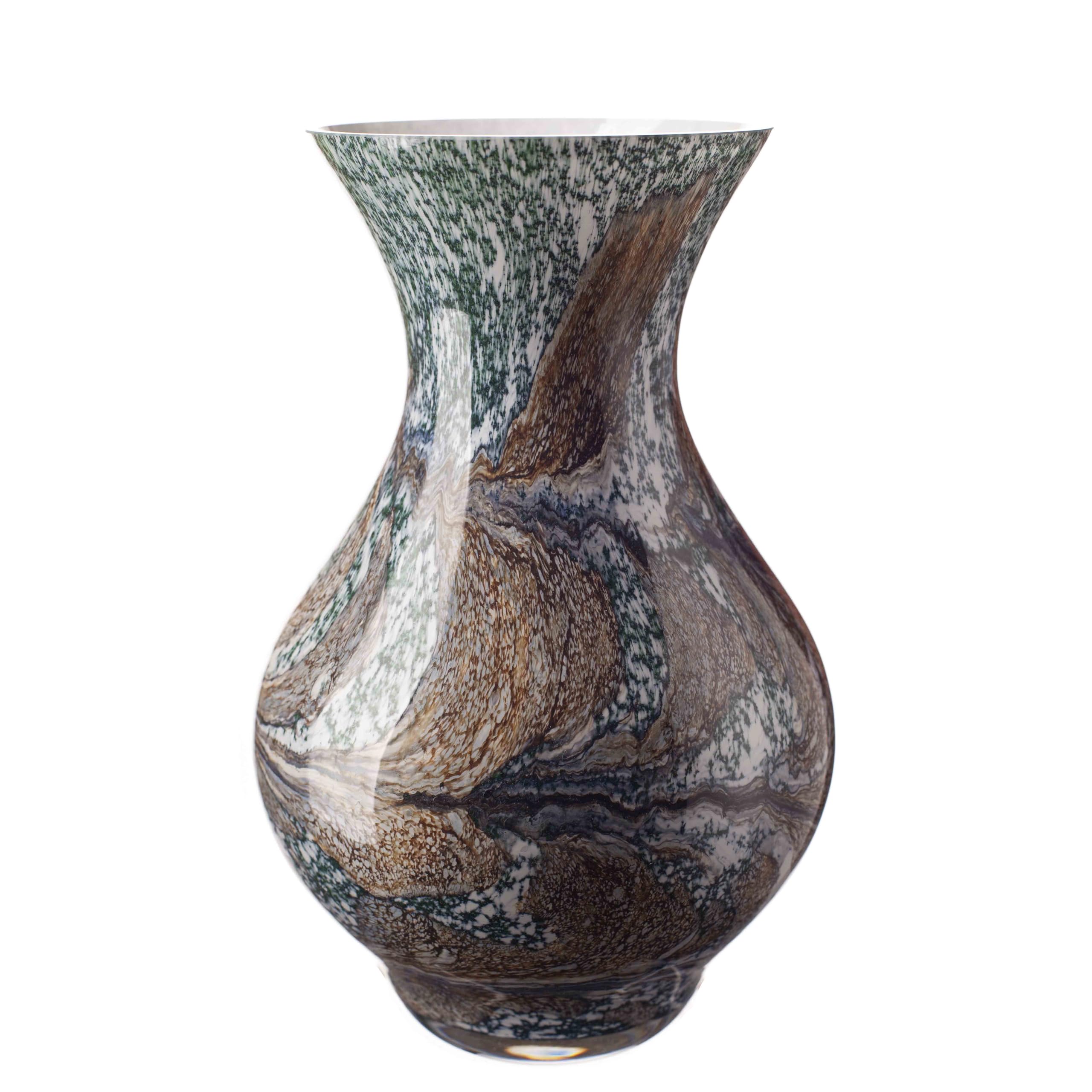 Amelia Art Glass Green, Black & Gold Marble Design Posy Vase In (Peacock Lustre) (H-26Cm)