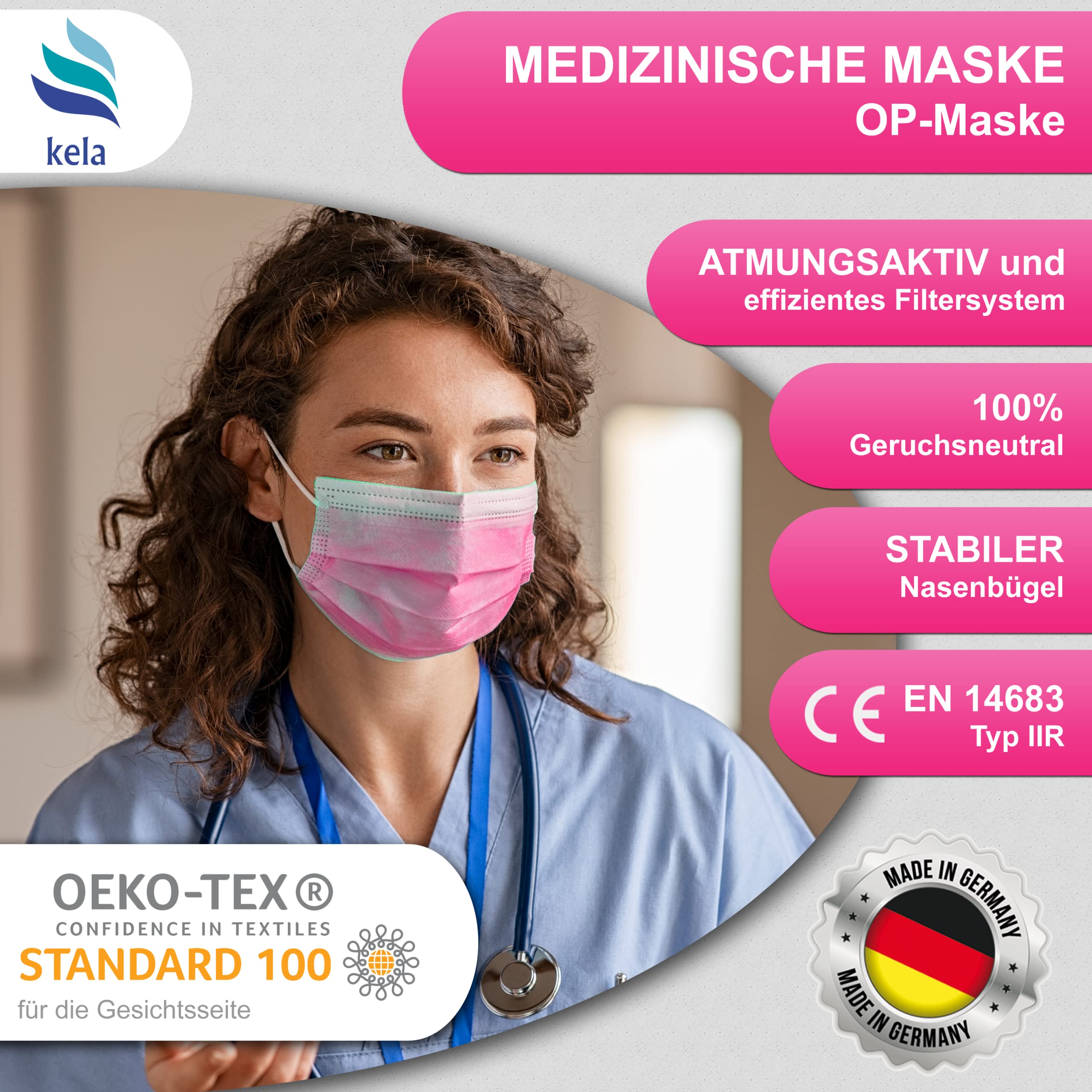 kela, Masques chirurgicaux Médical | Fabriqués en Allemagne | Conforme à DIN EN 14683 Type IIR | BFE >99,88% | 3 plis | Chirurgical jetable protecteur medical buccal et nasal