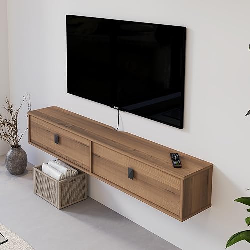 Miniatura 3 de Estante flotante de madera maciza para TV, armario de TV montado en la pared de 55 pulgadas, estantes flotantes con 2 puertas, centro de consola