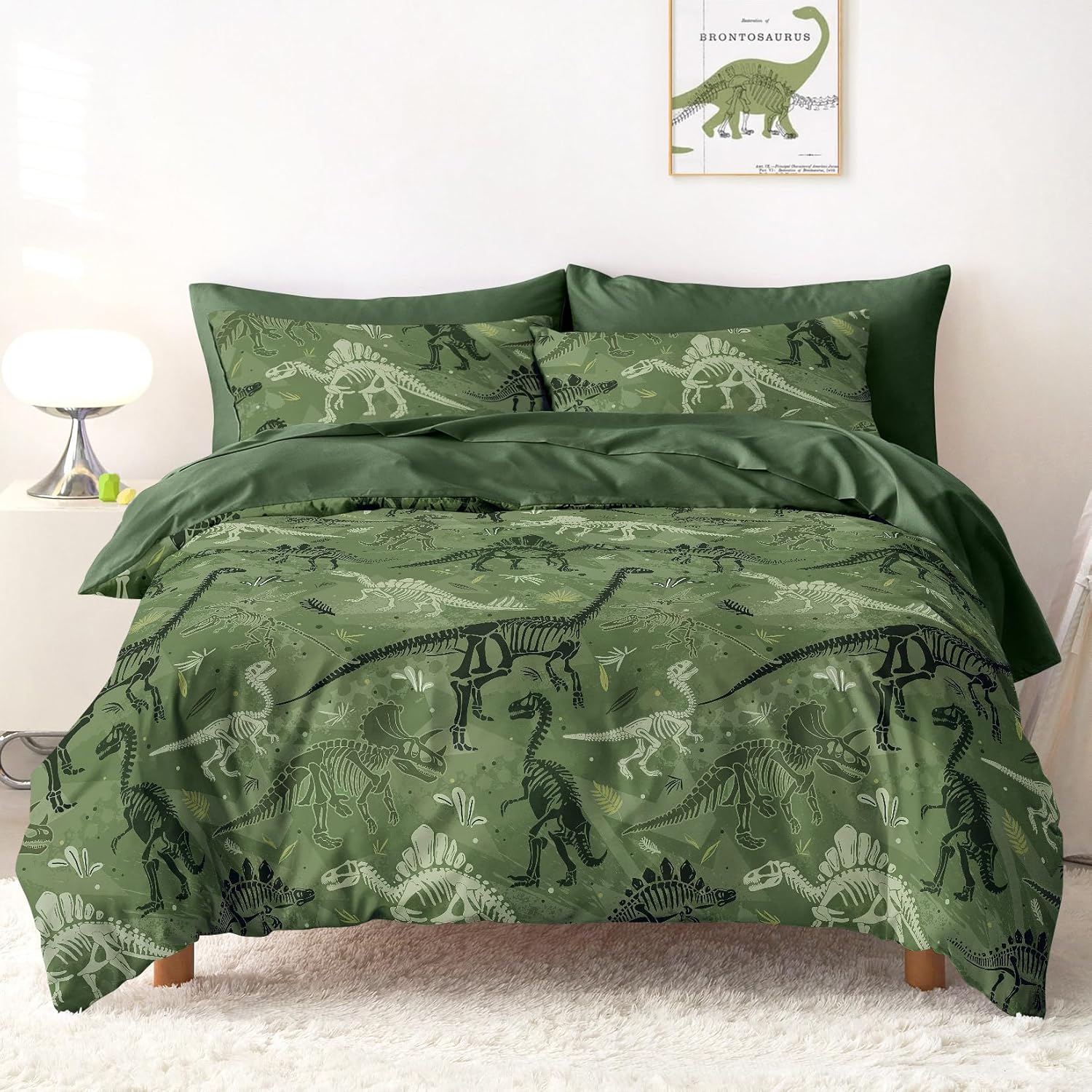 Wake In Cloud - Dinosaur Bedding Set for Boys, Colorful Dino Prehistoric Fossil, Soft Lightweight Comforter Set with Sheets, 5 Pieces Kids Bed in a Bag, Army Green, Twin Size