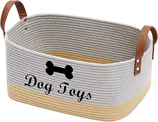 Geyecete carré Panier de Rangement en Corde de Coton pour Jouets pour Chien, avec poignée en Simili Cuir, Portable Panier de Stockage pour Jouets Chien et Vêtements-42 x 27 x 19 cm-Gris/Kaki