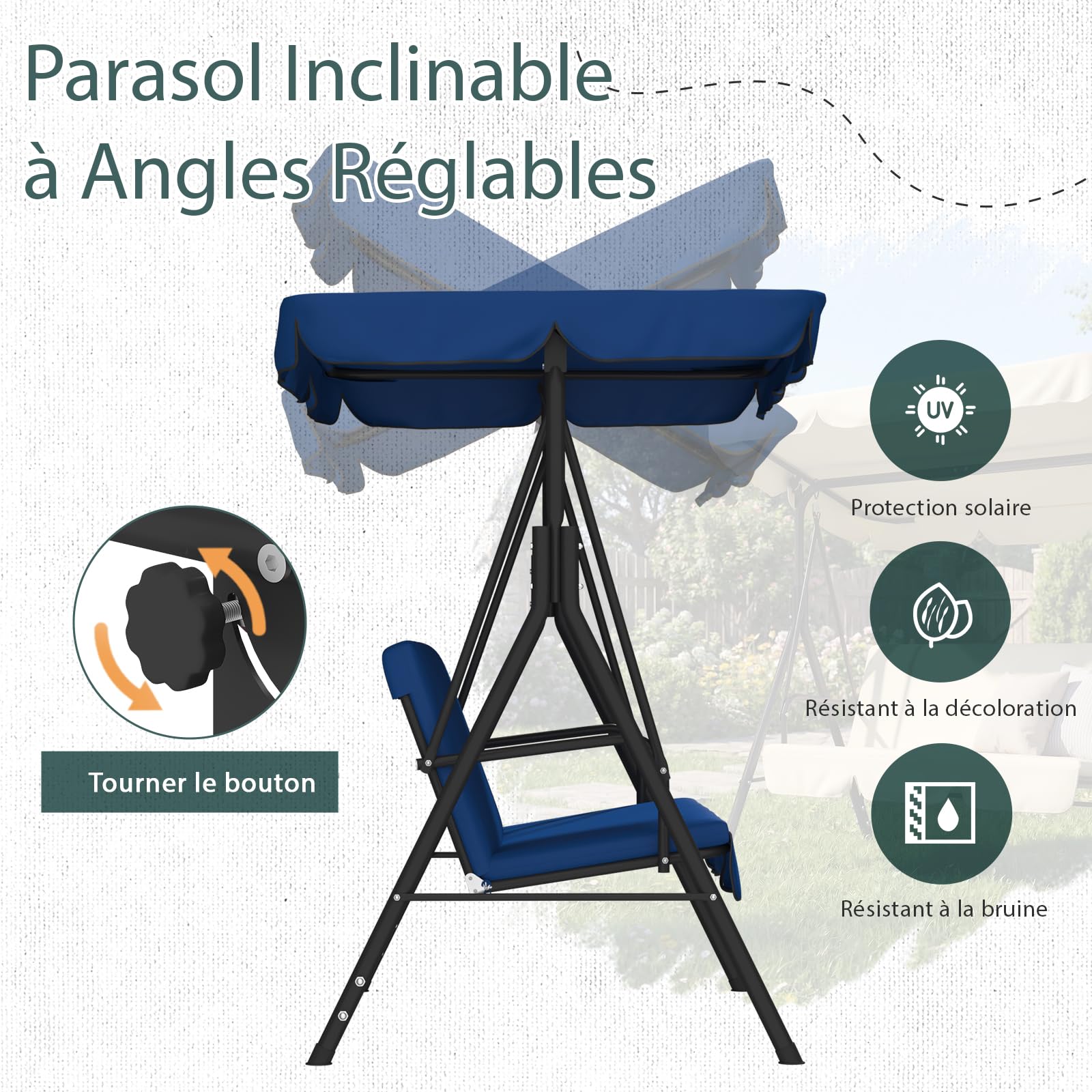 YODOLLA Balancelle de Jardin 3 Places, Auvent Réglable & Coussin Amovible, Charge 204kg, Balancoire Extérieure pour Terrasse, Piscine, Porche, 172 × 112 × 151 cm (Bleu)