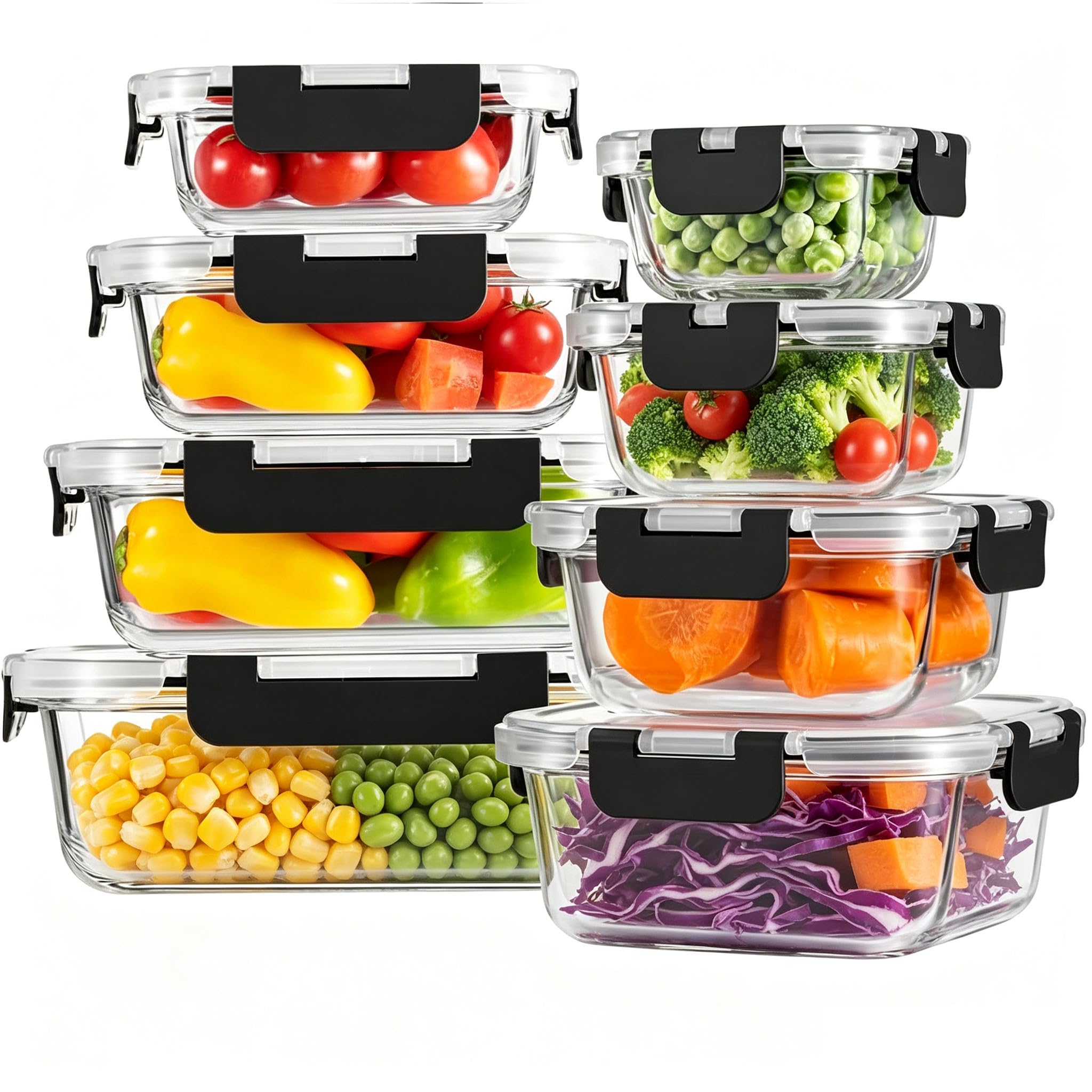 Juego de 8 cajas de almacenamiento de cristal, sin BPA, apto para microondas y congelador, perfecto para preparar comidas y almacenamiento de alimentos. (Negro)