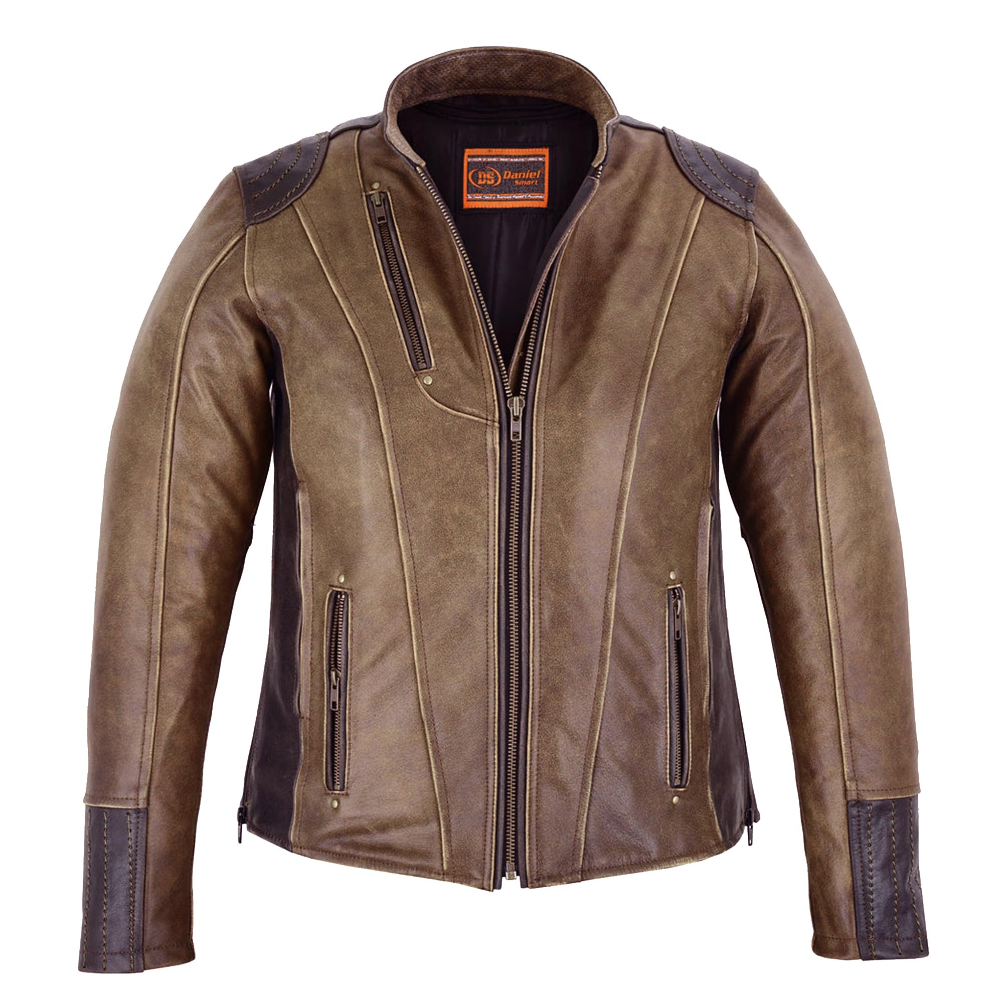 Daniel Smart Women Leather Jacket Cowhide Women Motorcycle Jacket with Vintage Brown Design inside Carry Pocket