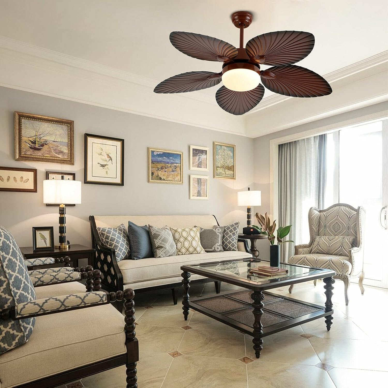 TFCFL Ceiling Fan 42/52" Palm Leaf Shaped Ceiling Fan Light Chandelier Remote Control Light Fixture (42'')