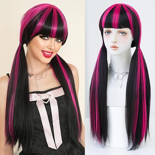 7JHH WIGS Wigs 28in Long Straight Wig Halloween Lolita Double Ponytail Wig for Women Black Wig with Rose Pink Highlight Cosplay Party wigs High Temperature Heat Resistant Fiber Natural Hairline Wig