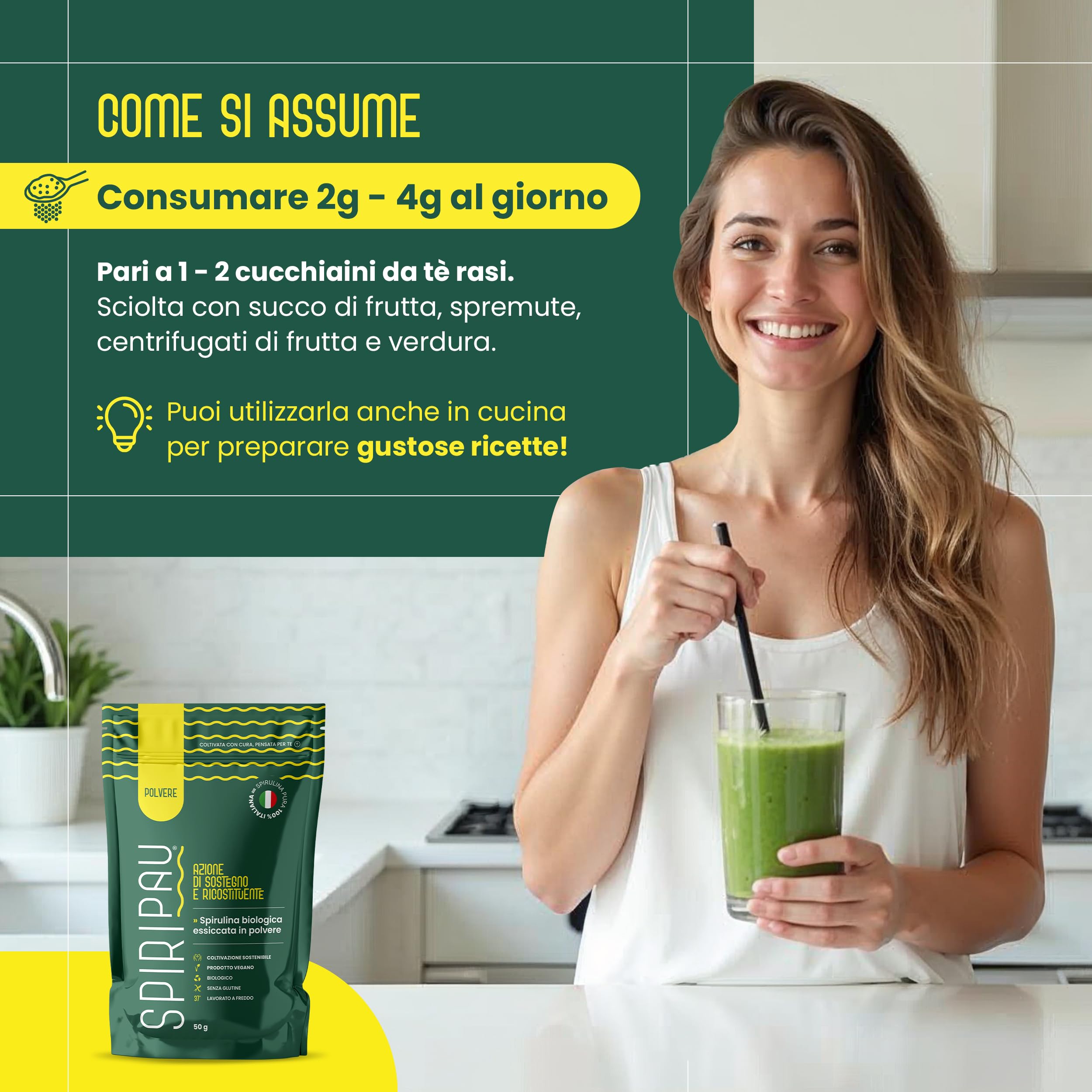 Spiripau Spirulina Bio Italiana in Polvere 50gr - Superfood Naturale - 100% Made in Italy - Azione Ricostituente - Prodotto Vegano, Senza Glutine, Biologico - Lavorato a Freddo