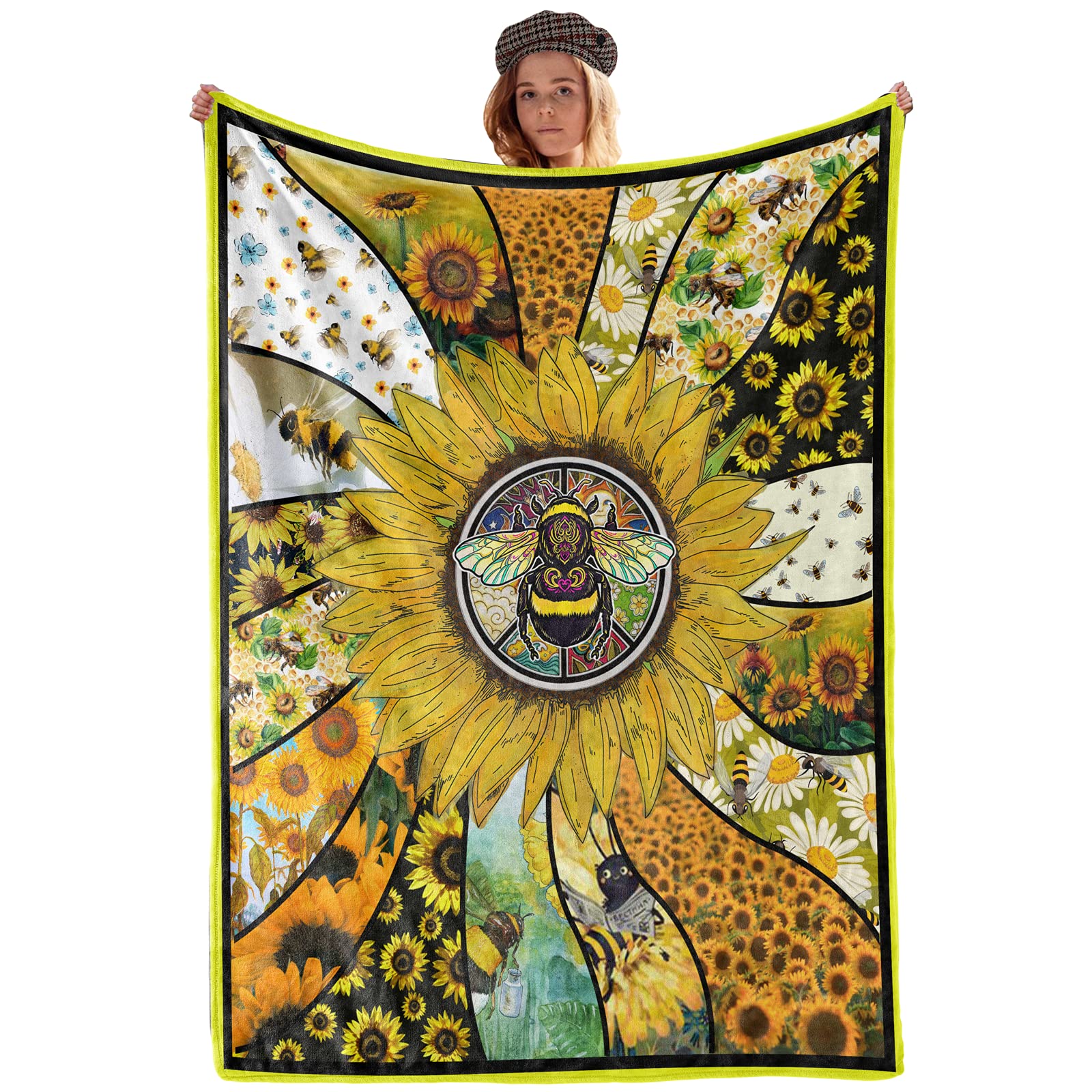 UOER Blanket Sunflower Bee Throw Blanket for Adult Kid, Soft Plush Fluffy Warm Fleece Blanket Perfect for Bed Sofa Couch Home Decorative, Great Birthday, (50" x 40")